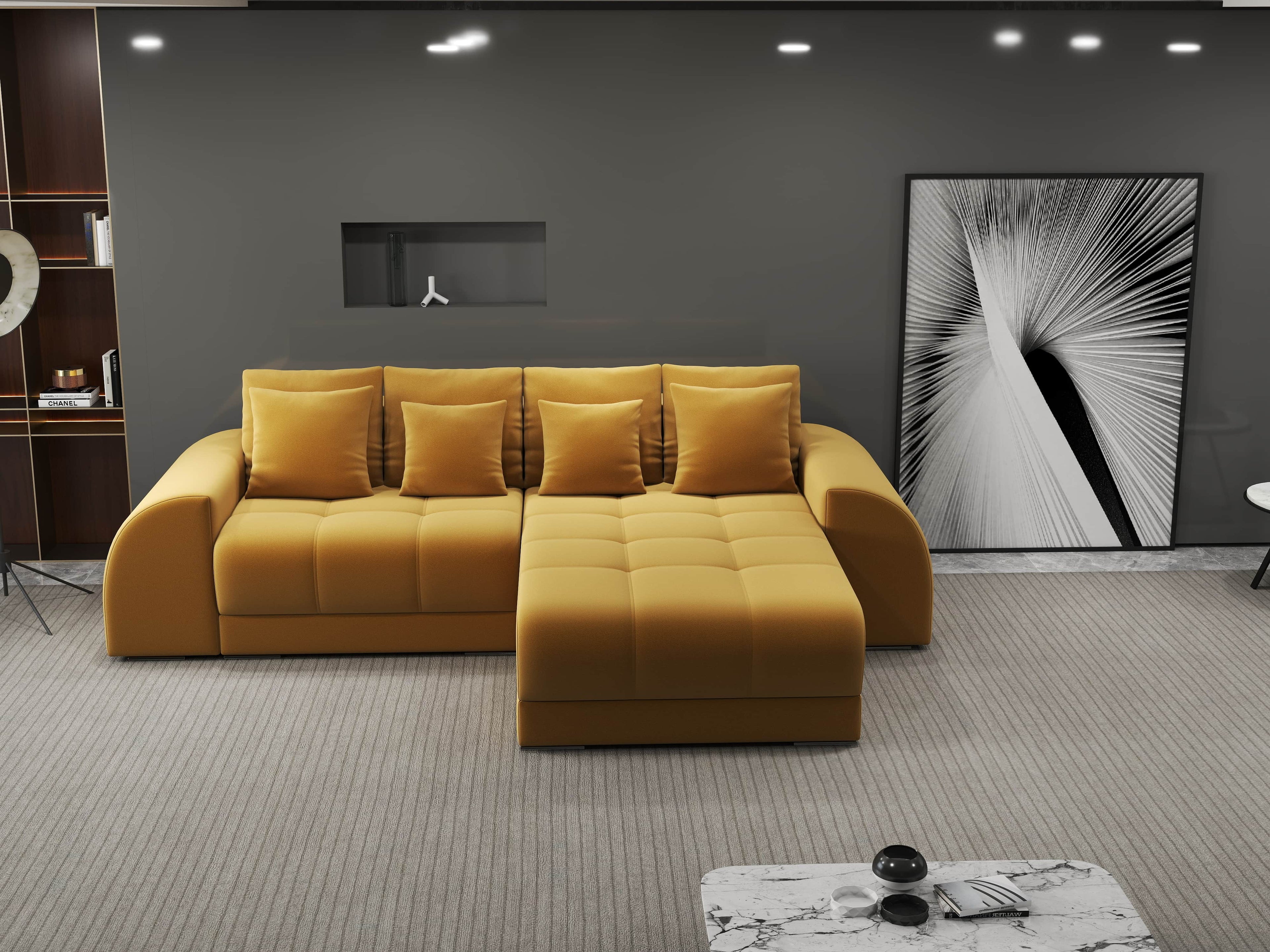 Colțar extensibil dumonde cu ladă de depozitare si sezut confortabil din spuma high-density, Verona Royal Mustar II 290x185 cm