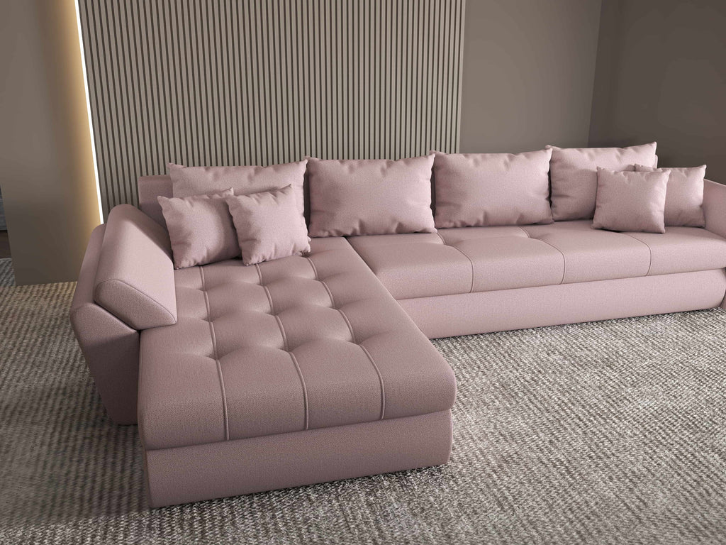 Colțar extensibil dumonde cu ladă de depozitare si sezut confortabil din spuma high-density, Loana XL Enjoy Flamingo 335x185 cm