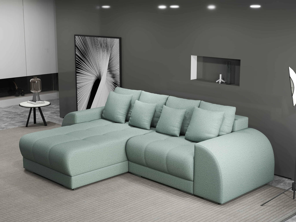 Colțar extensibil dumonde cu ladă de depozitare si sezut confortabil din spuma high-density, Verona Enjoy Mint 290x185 cm