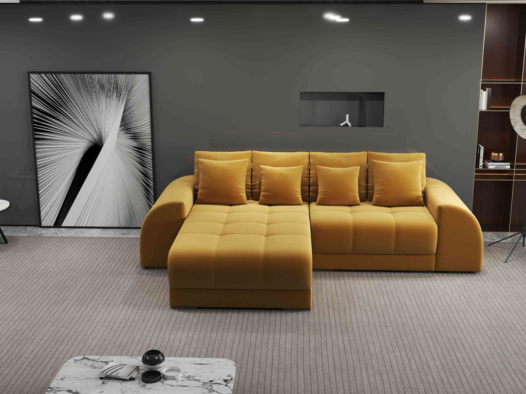 Colțar extensibil dumonde cu ladă de depozitare si sezut confortabil din spuma high-density, Verona Royal Mustar 290x185 cm