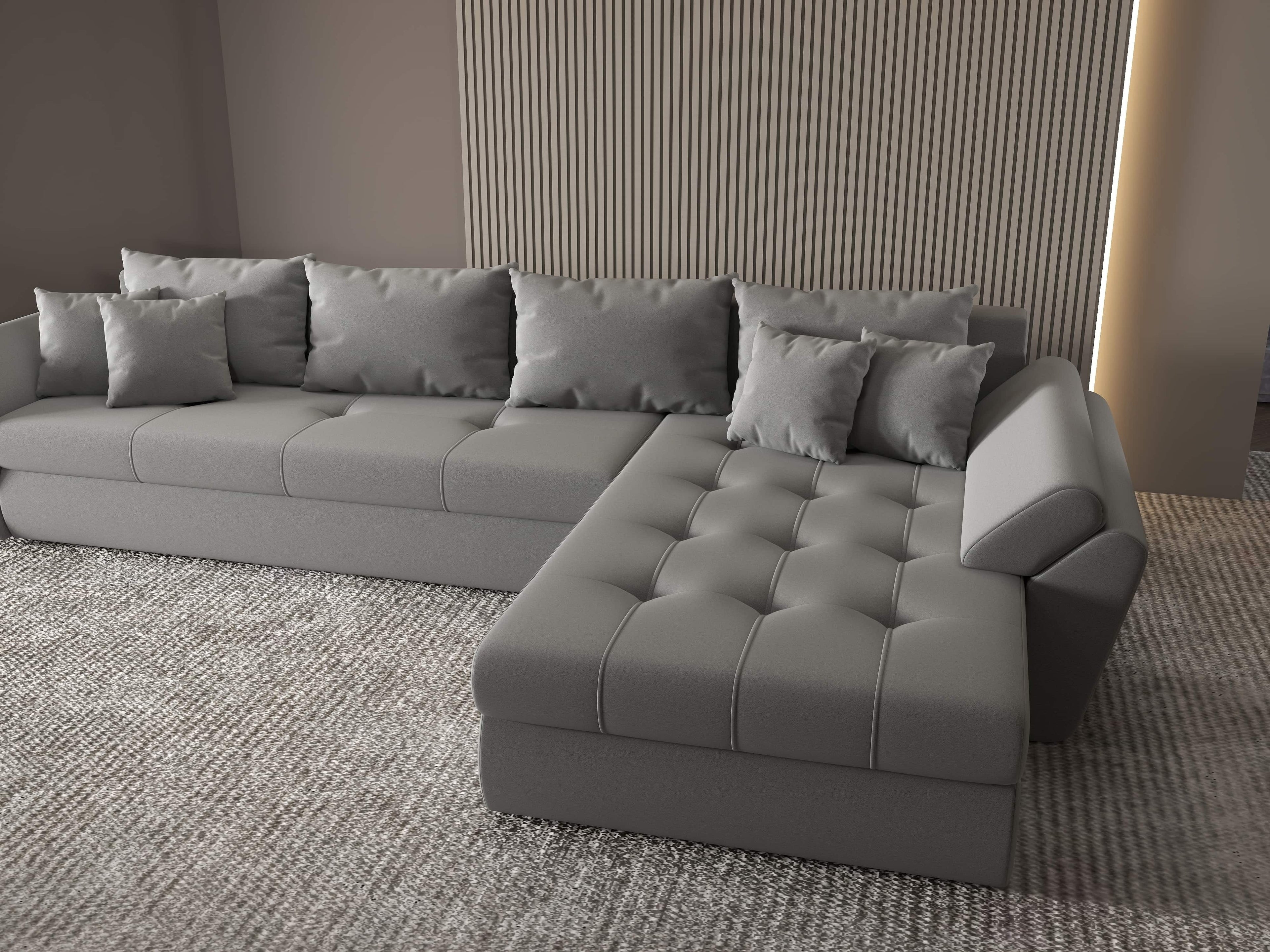 Colțar extensibil dumonde cu ladă de depozitare si sezut confortabil din spuma high-density, Loana XL Royal Gri II 335x185 cm