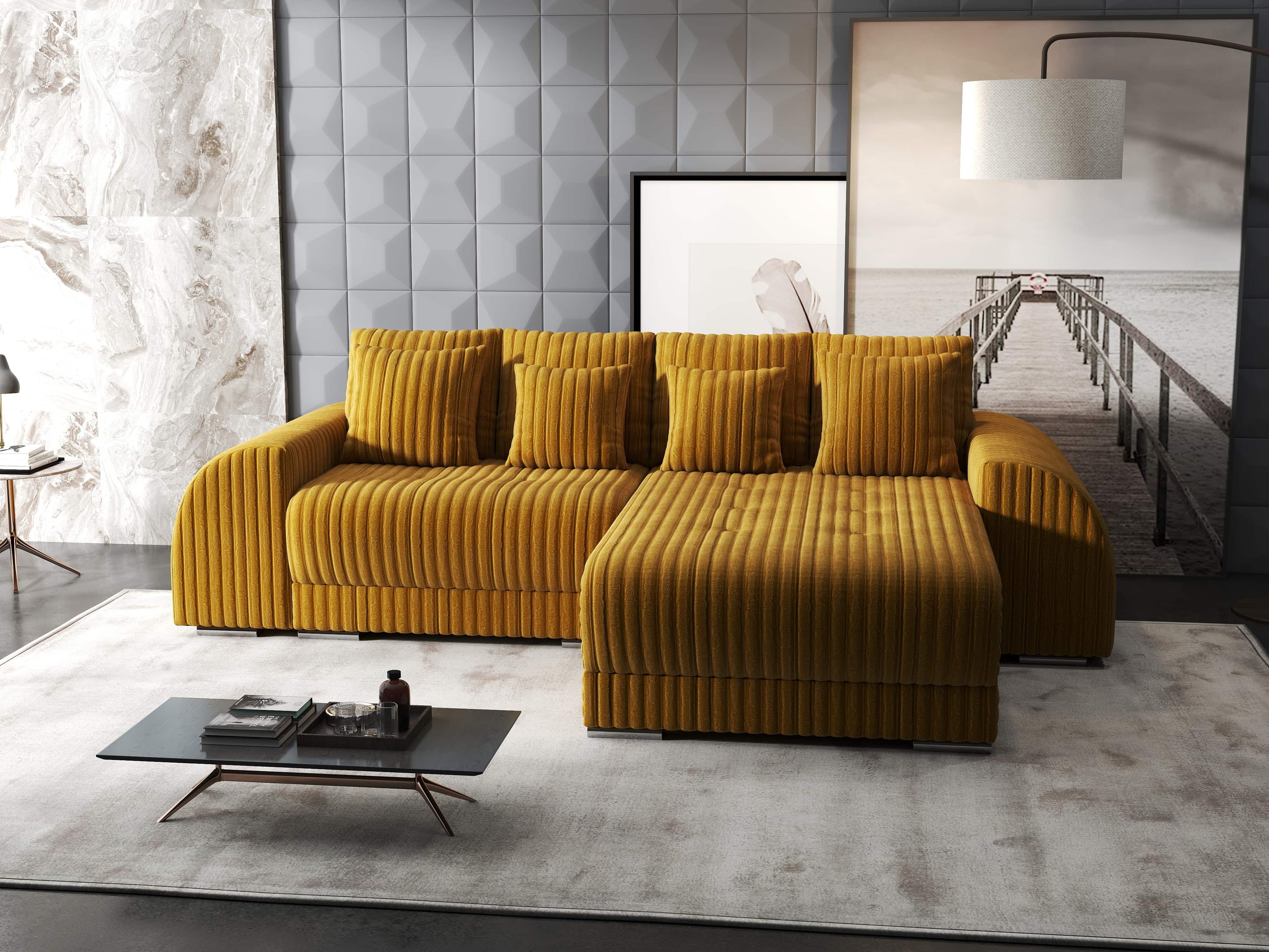 Colțar extensibil dumonde cu ladă de depozitare si sezut confortabil din spuma high-density, Verona Ambience Mustar II 290x185 cm