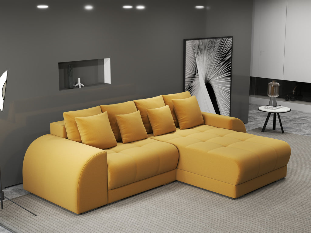 Colțar extensibil dumonde cu ladă de depozitare si sezut confortabil din spuma high-density, Verona Royal Mustar II 290x185 cm