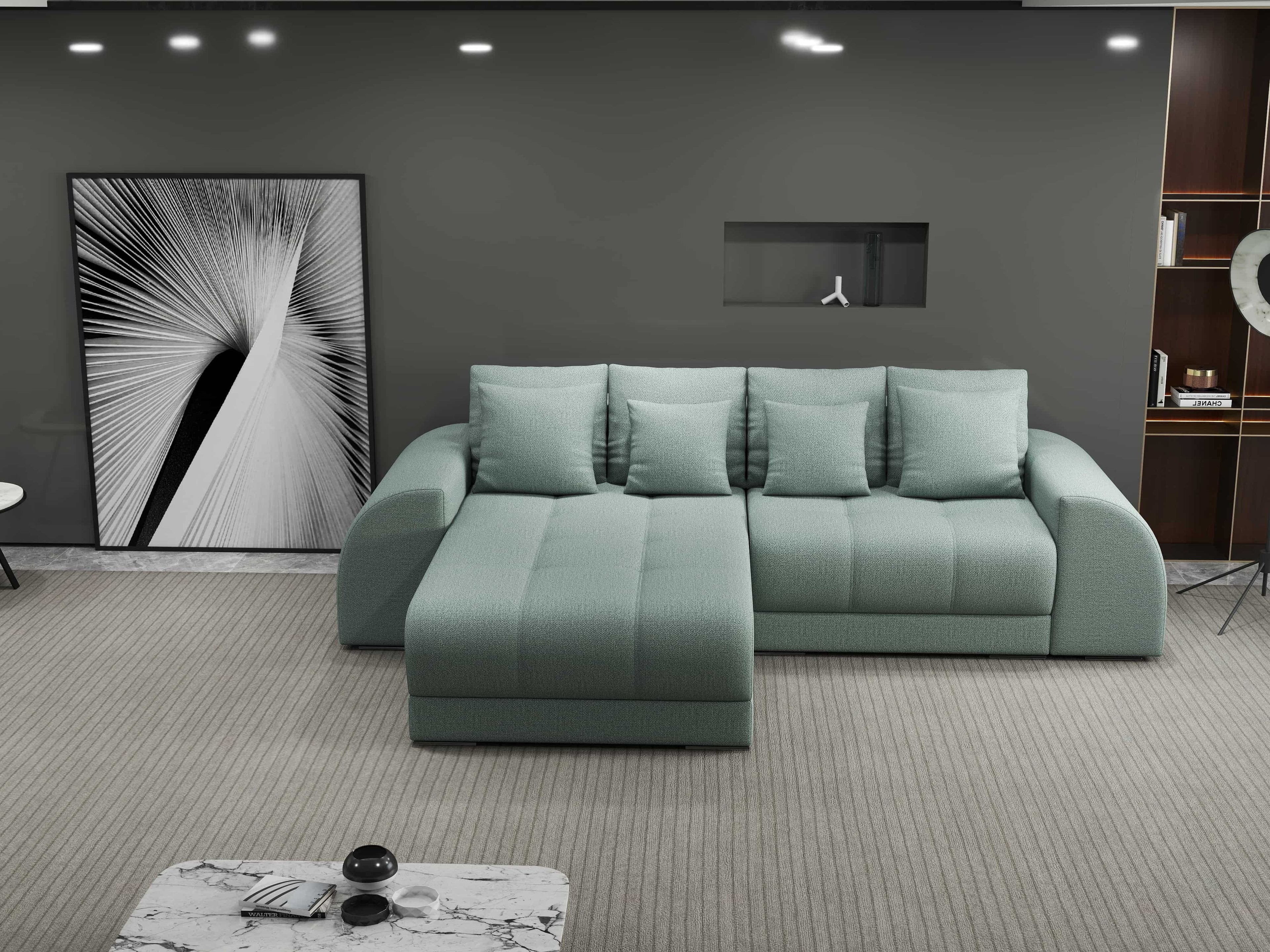 Colțar extensibil dumonde cu ladă de depozitare si sezut confortabil din spuma high-density, Verona Enjoy Mint 290x185 cm