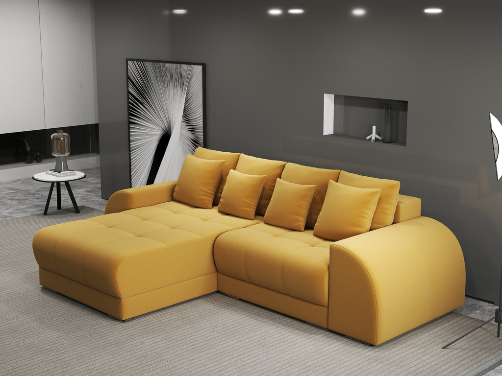 Colțar extensibil dumonde cu ladă de depozitare si sezut confortabil din spuma high-density, Verona Royal Mustar 290x185 cm