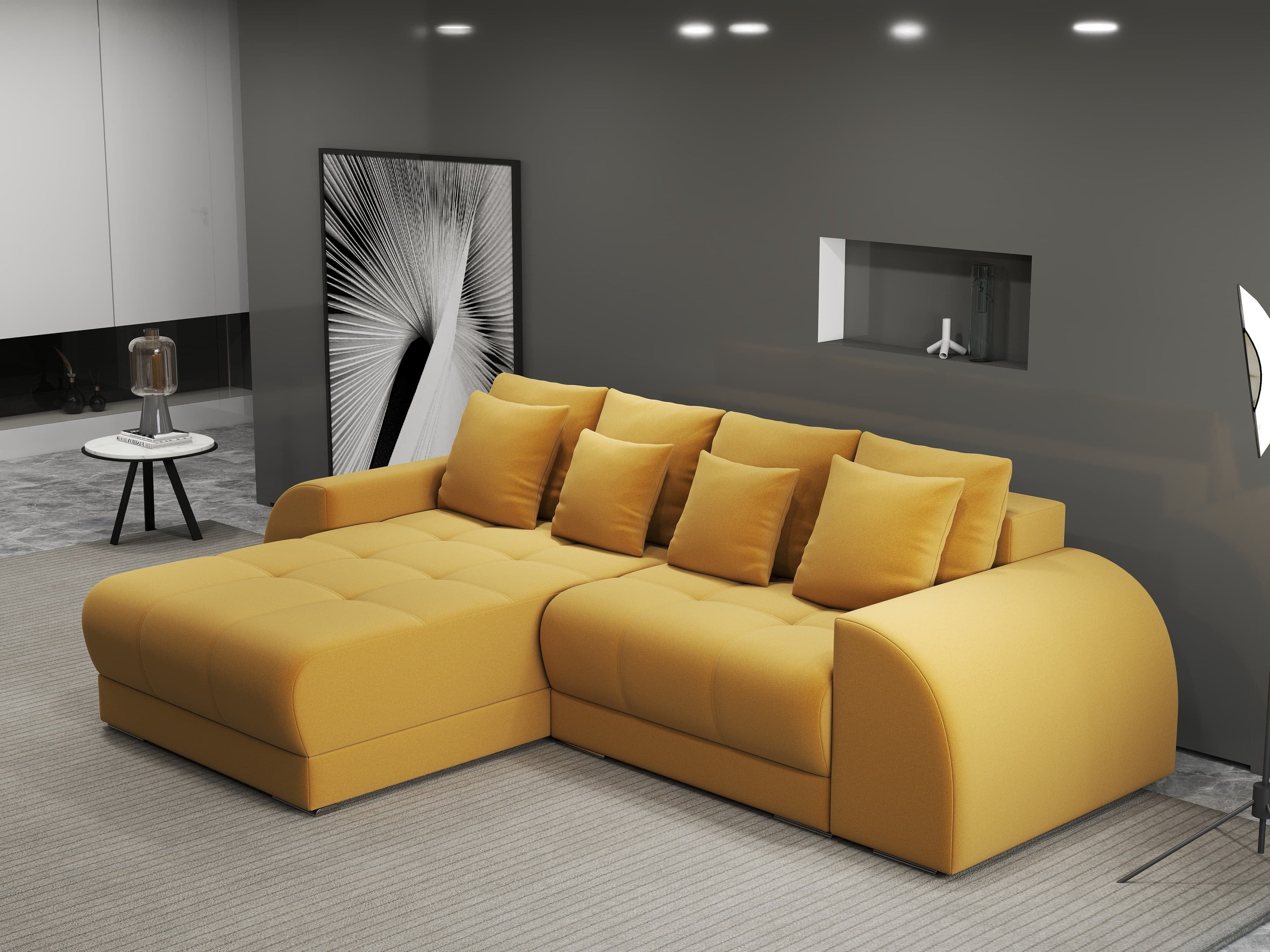 Colțar extensibil dumonde cu ladă de depozitare si sezut confortabil din spuma high-density, Verona Royal Mustar 290x185 cm
