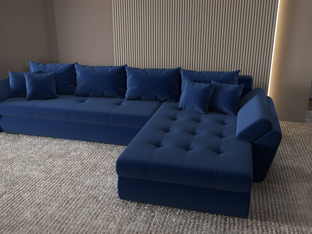 Colțar extensibil dumonde cu ladă de depozitare si sezut confortabil din spuma high-density, Loana XL Royal Albastru II 335x185 cm