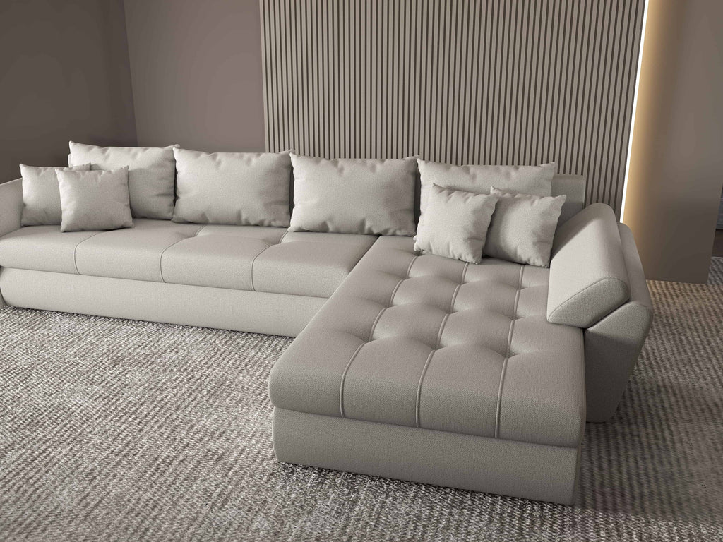 Colțar extensibil dumonde cu ladă de depozitare si sezut confortabil din spuma high-density, Loana XL Enjoy Beige II 335x185 cm