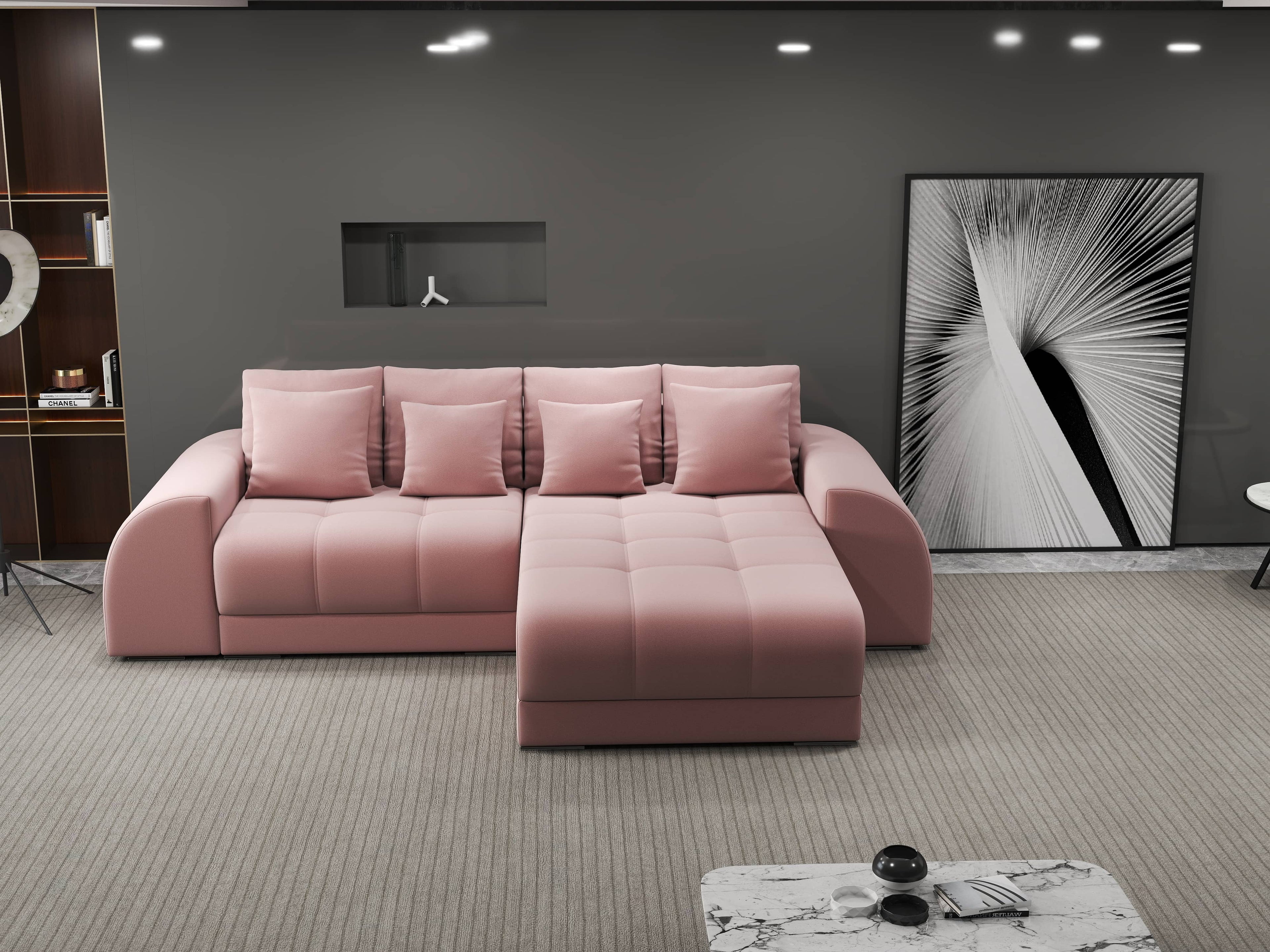 Colțar extensibil dumonde cu ladă de depozitare si sezut confortabil din spuma high-density, Verona Royal Roz II 290x185 cm