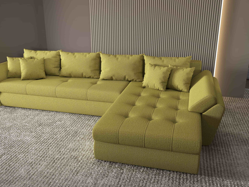 Colțar extensibil dumonde cu ladă de depozitare si sezut confortabil din spuma high-density, Loana XL Enjoy Verde II 335x185 cm