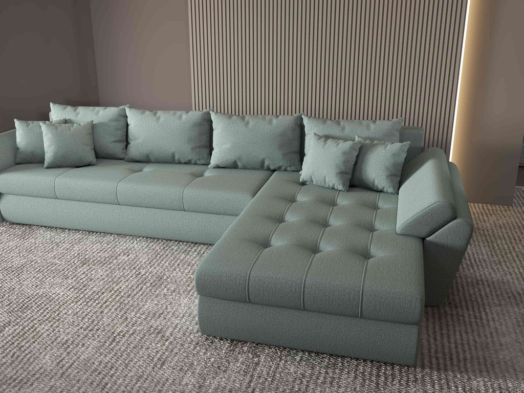 Colțar extensibil dumonde cu ladă de depozitare si sezut confortabil din spuma high-density, Loana XL Enjoy Mint II 335x185 cm