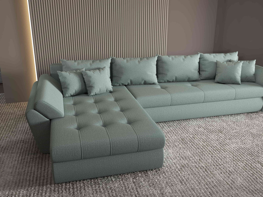 Colțar extensibil dumonde cu ladă de depozitare si sezut confortabil din spuma high-density, Loana XL Enjoy Mint 335x185 cm
