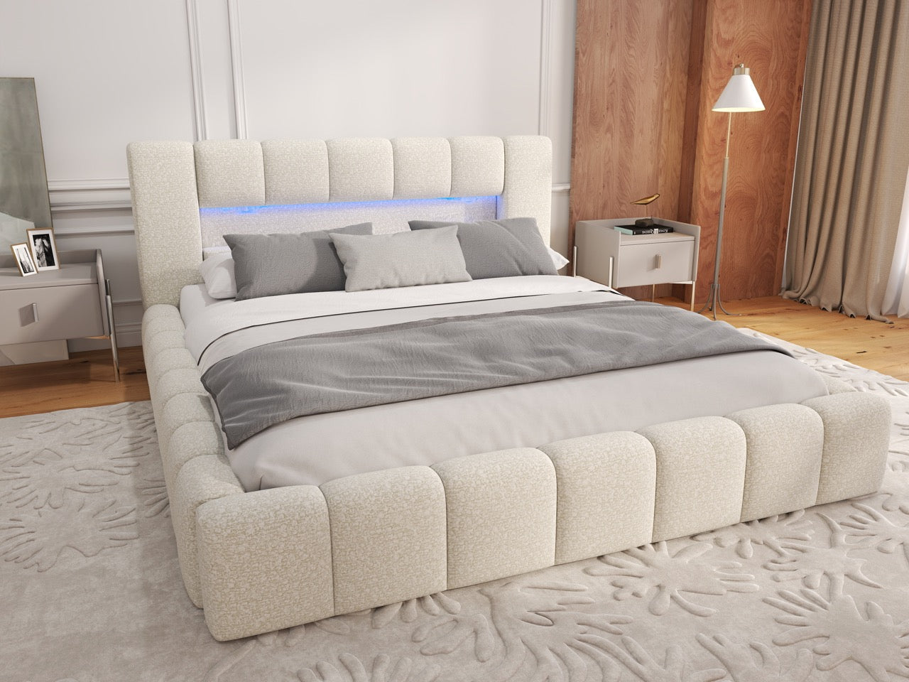 Pat dormitor dumonde, tapitat bej cu LED si USB, Palermo 160x200 cm, somiera rabatabila inclusa, spatiu depozitare
