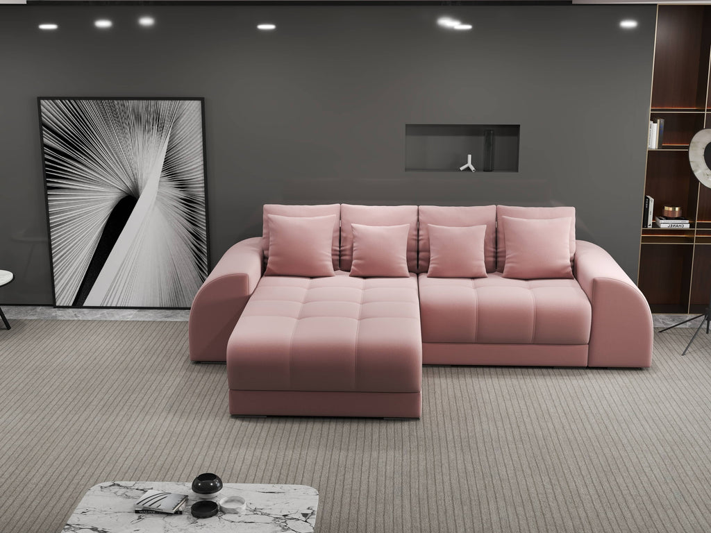 Colțar extensibil dumonde cu ladă de depozitare si sezut confortabil din spuma high-density, Verona Royal Roz 290x185 cm
