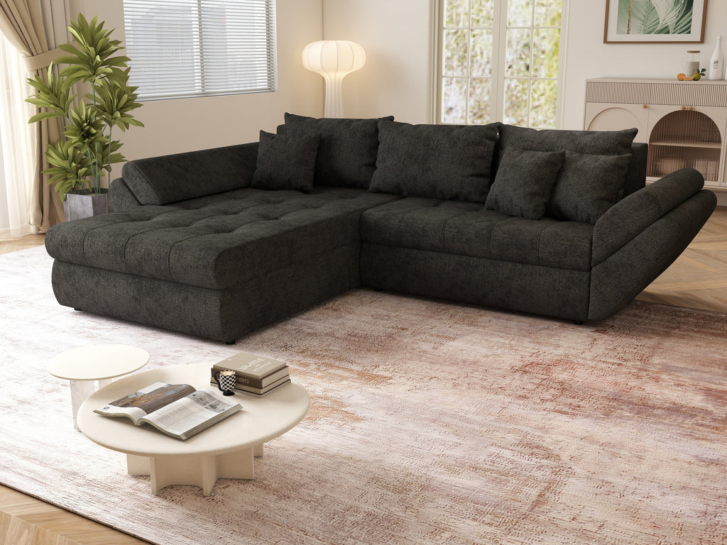 Colțar extensibil dumonde cu ladă de depozitare si sezut confortabil din spuma high-density, Loana Enjoy Black II 270x185 cm