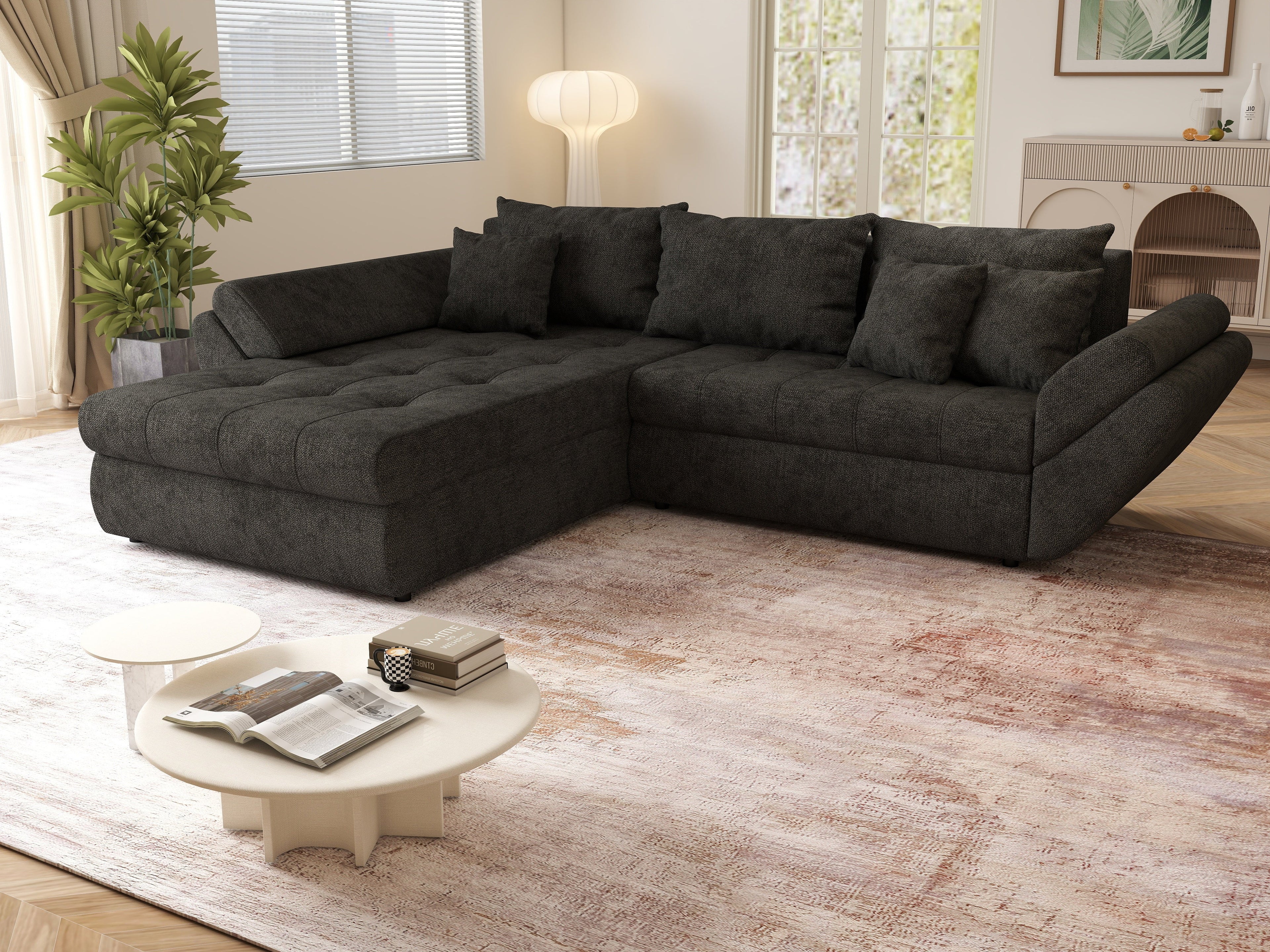 Colțar extensibil dumonde cu ladă de depozitare si sezut confortabil din spuma high-density, Loana Enjoy Black II 270x185 cm