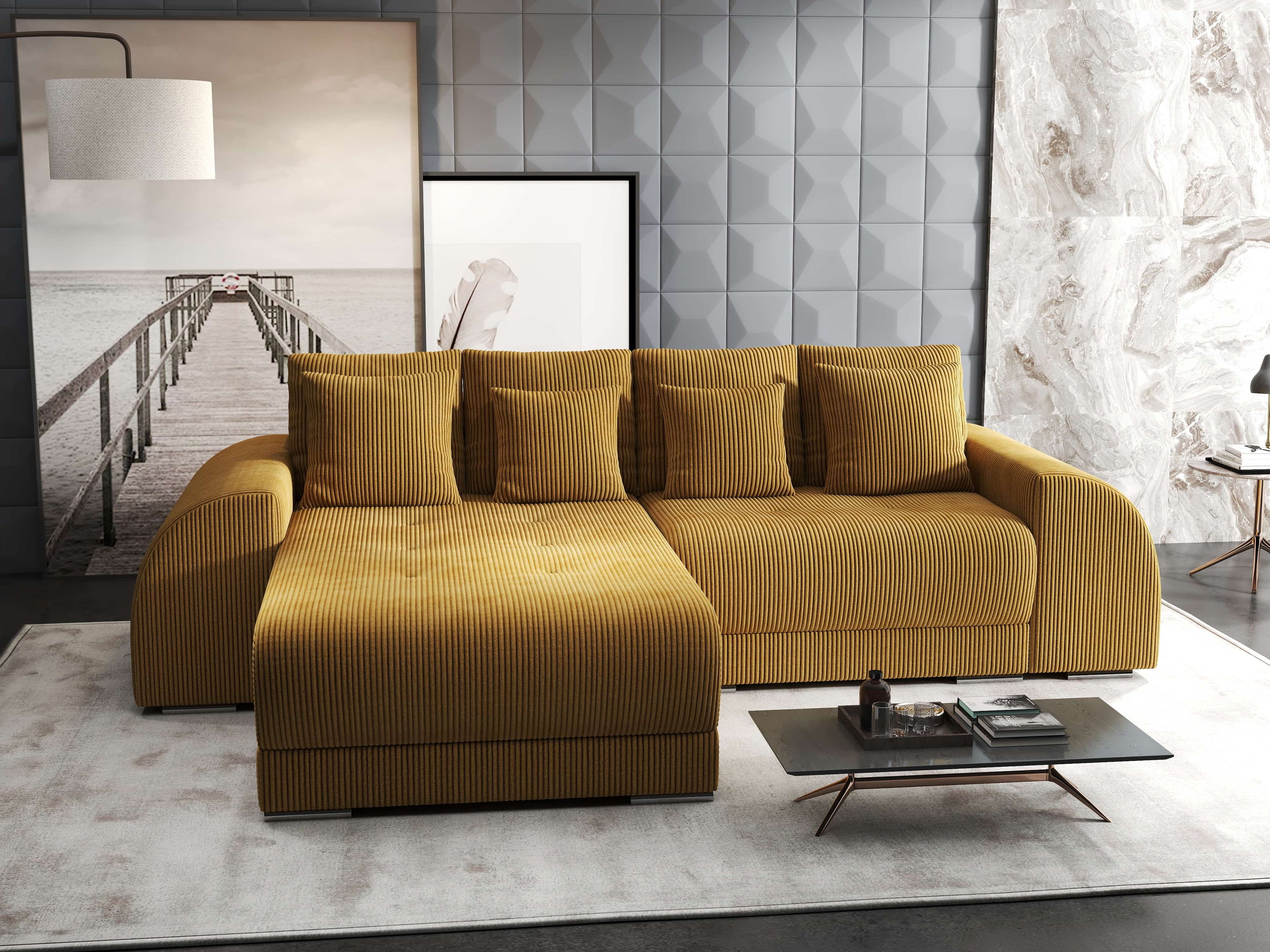 Colțar extensibil dumonde cu ladă de depozitare si sezut confortabil din spuma high-density, Verona Zoom Mustar 290x185 cm