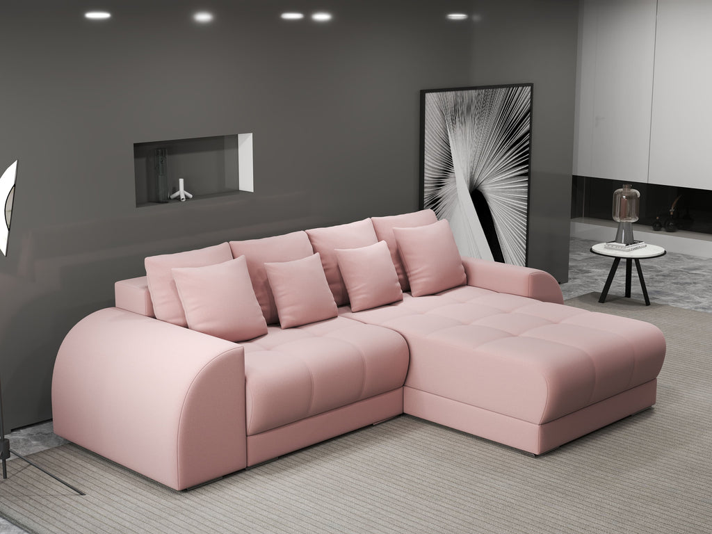 Colțar extensibil dumonde cu ladă de depozitare si sezut confortabil din spuma high-density, Verona Royal Roz II 290x185 cm