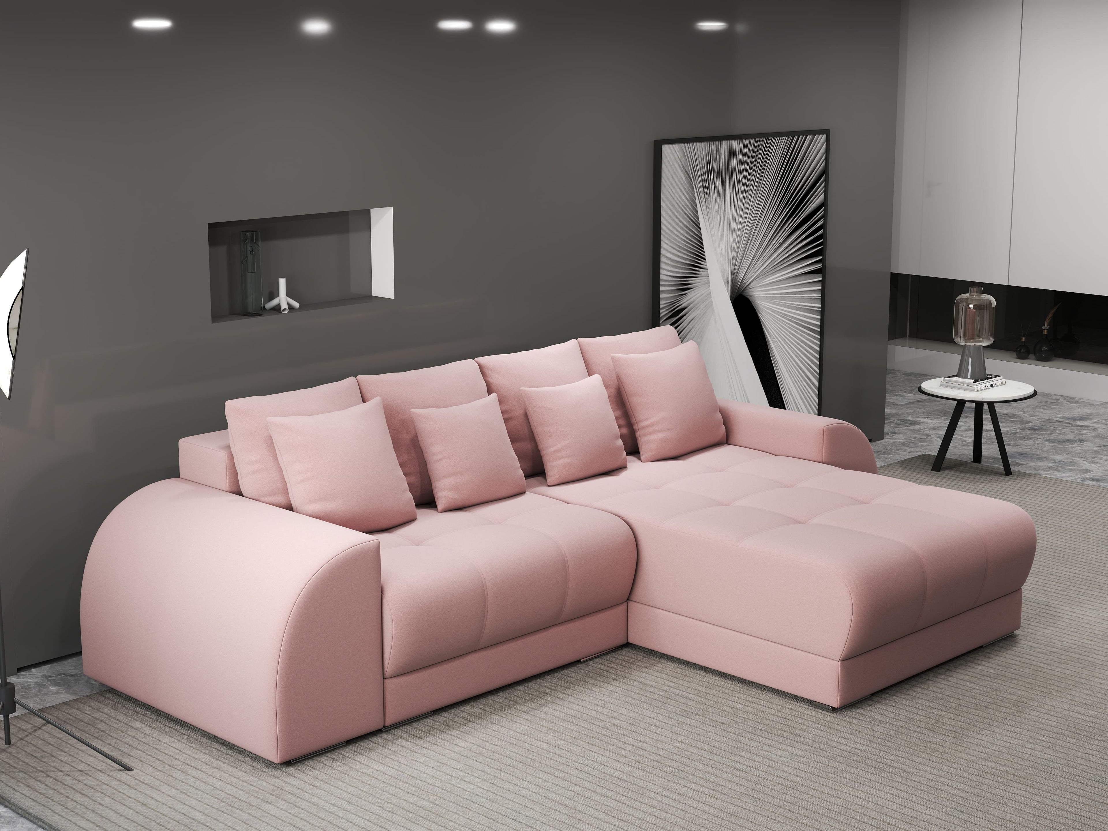 Colțar extensibil dumonde cu ladă de depozitare si sezut confortabil din spuma high-density, Verona Royal Roz II 290x185 cm