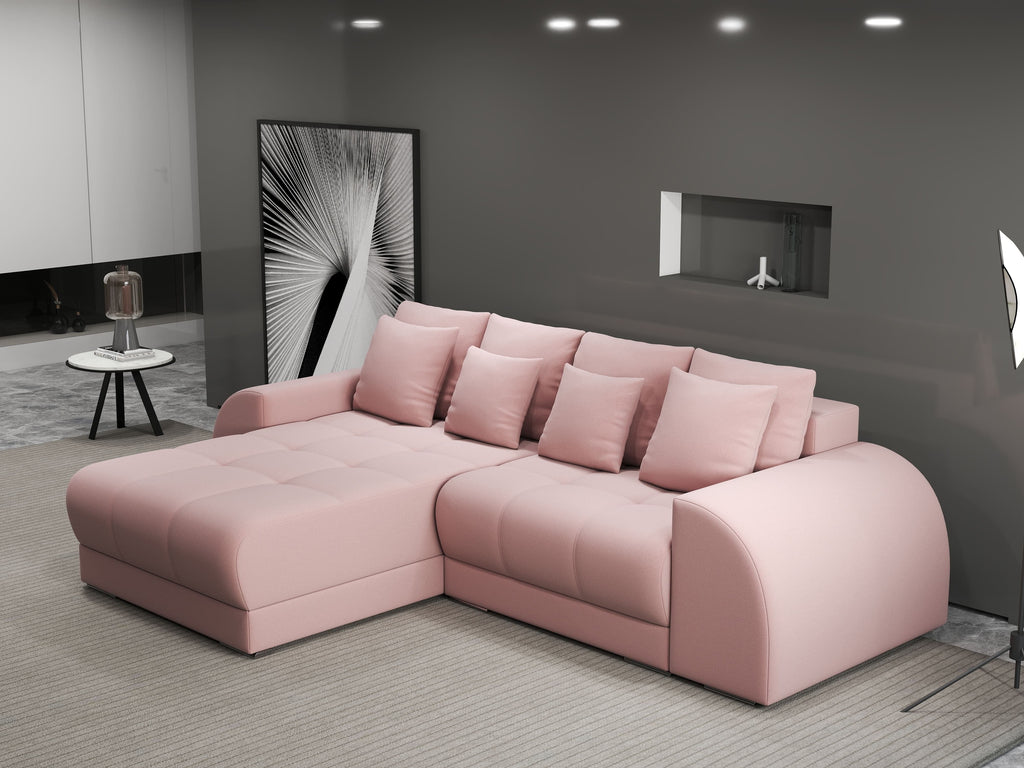 Colțar extensibil dumonde cu ladă de depozitare si sezut confortabil din spuma high-density, Verona Royal Roz 290x185 cm