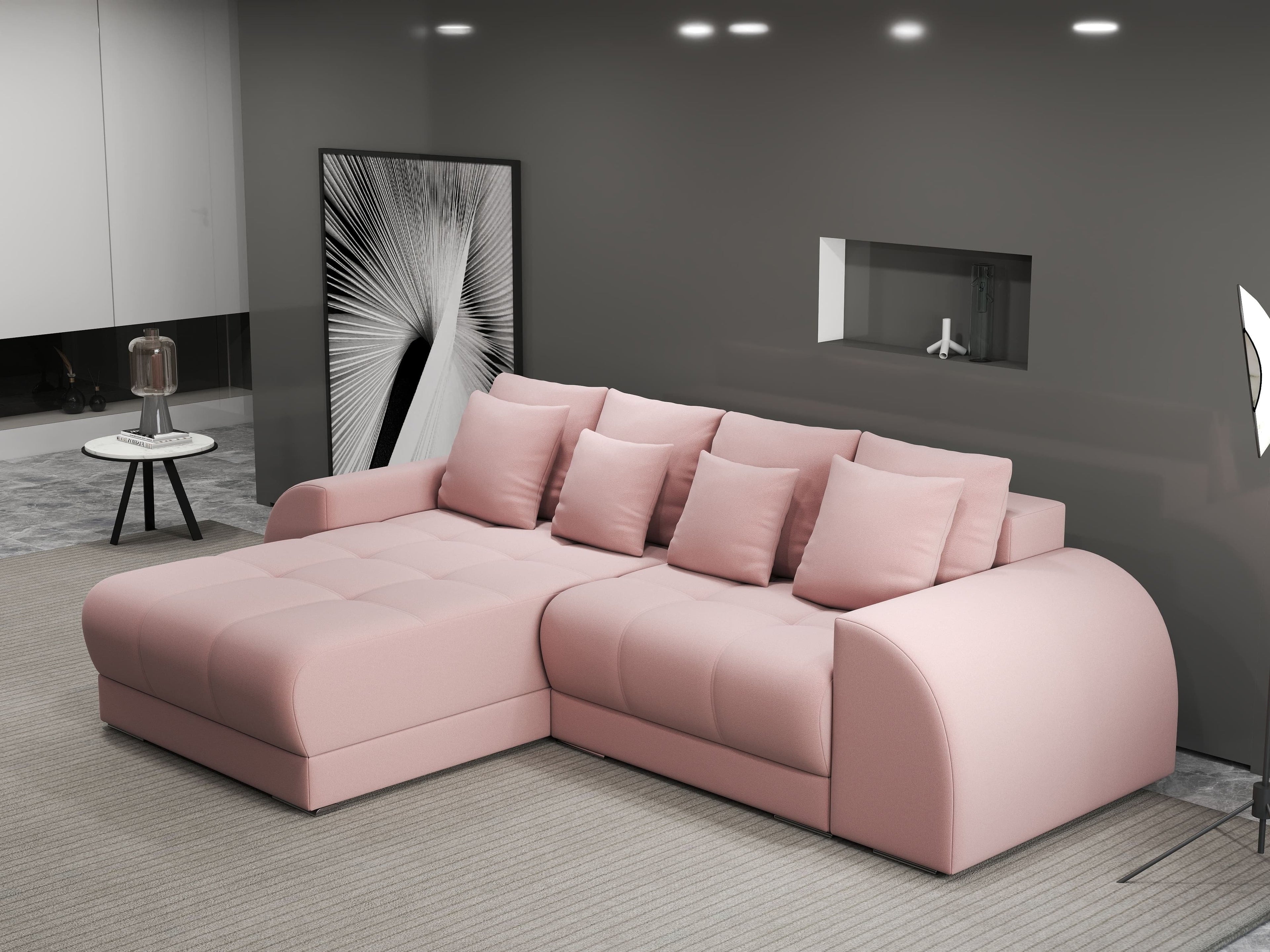 Colțar extensibil dumonde cu ladă de depozitare si sezut confortabil din spuma high-density, Verona Royal Roz 290x185 cm