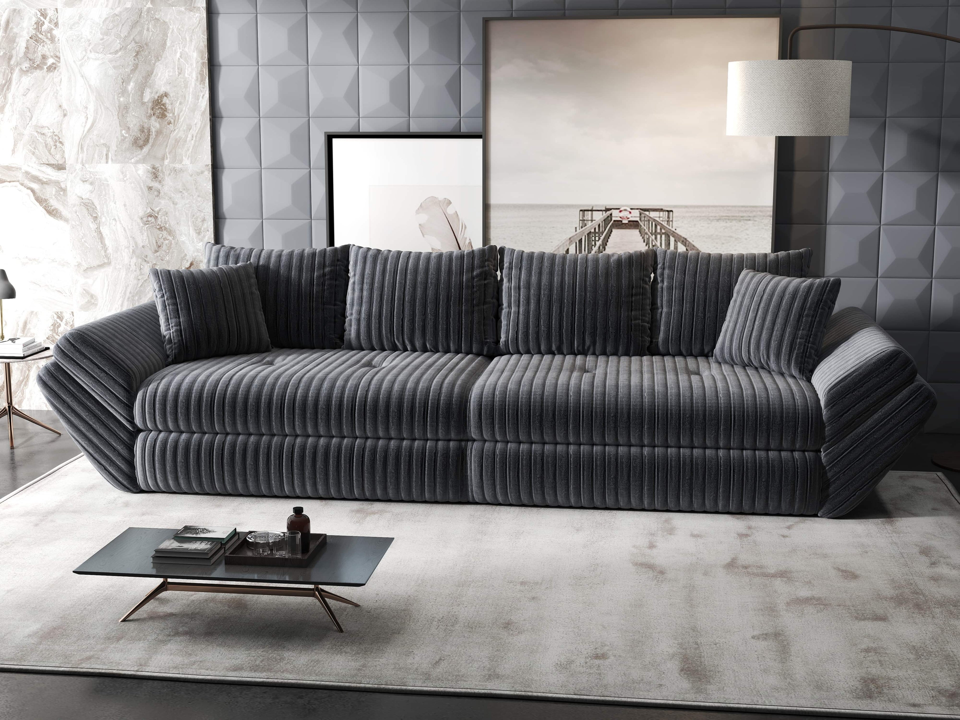 Canapea extensibilă dumonde cu ladă de depozitare si sezut confortabil din spuma high-density, Loana Ambience Gri 300x100 cm