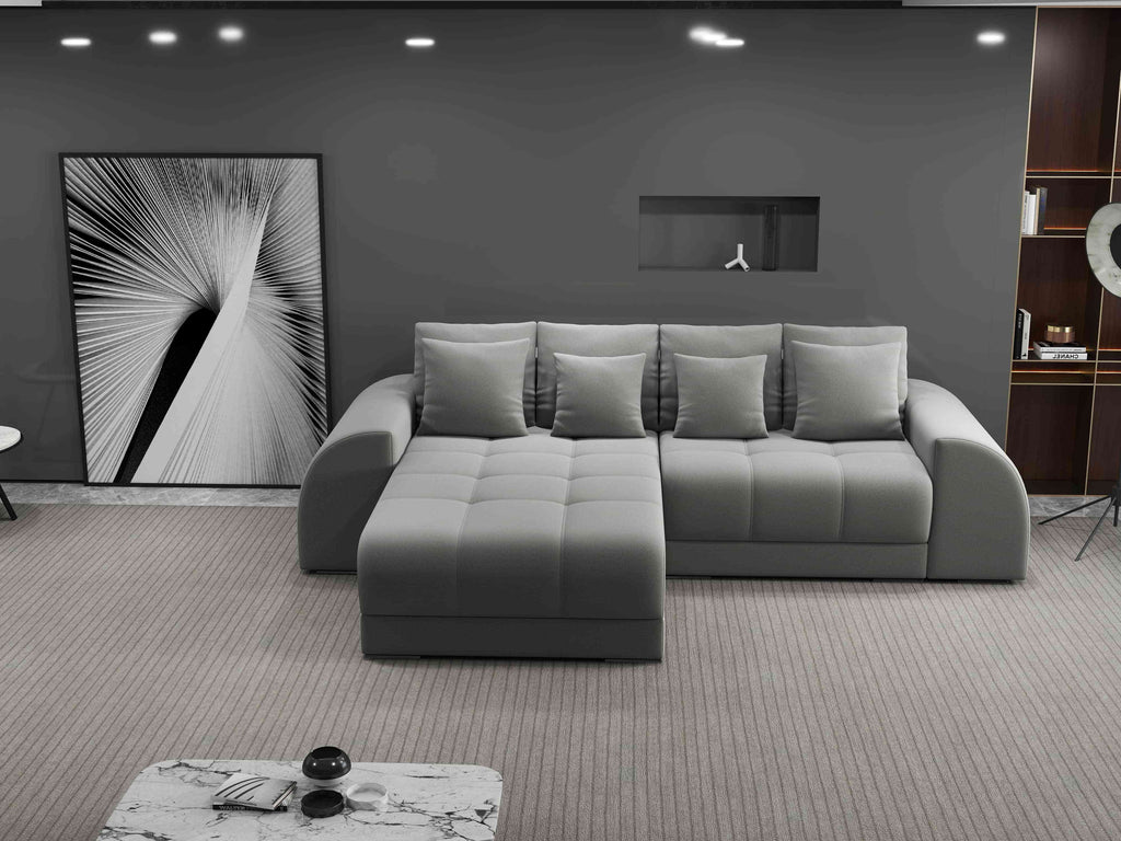 Colțar extensibil dumonde cu ladă de depozitare si sezut confortabil din spuma high-density, Verona Royal Gri 290x185 cm