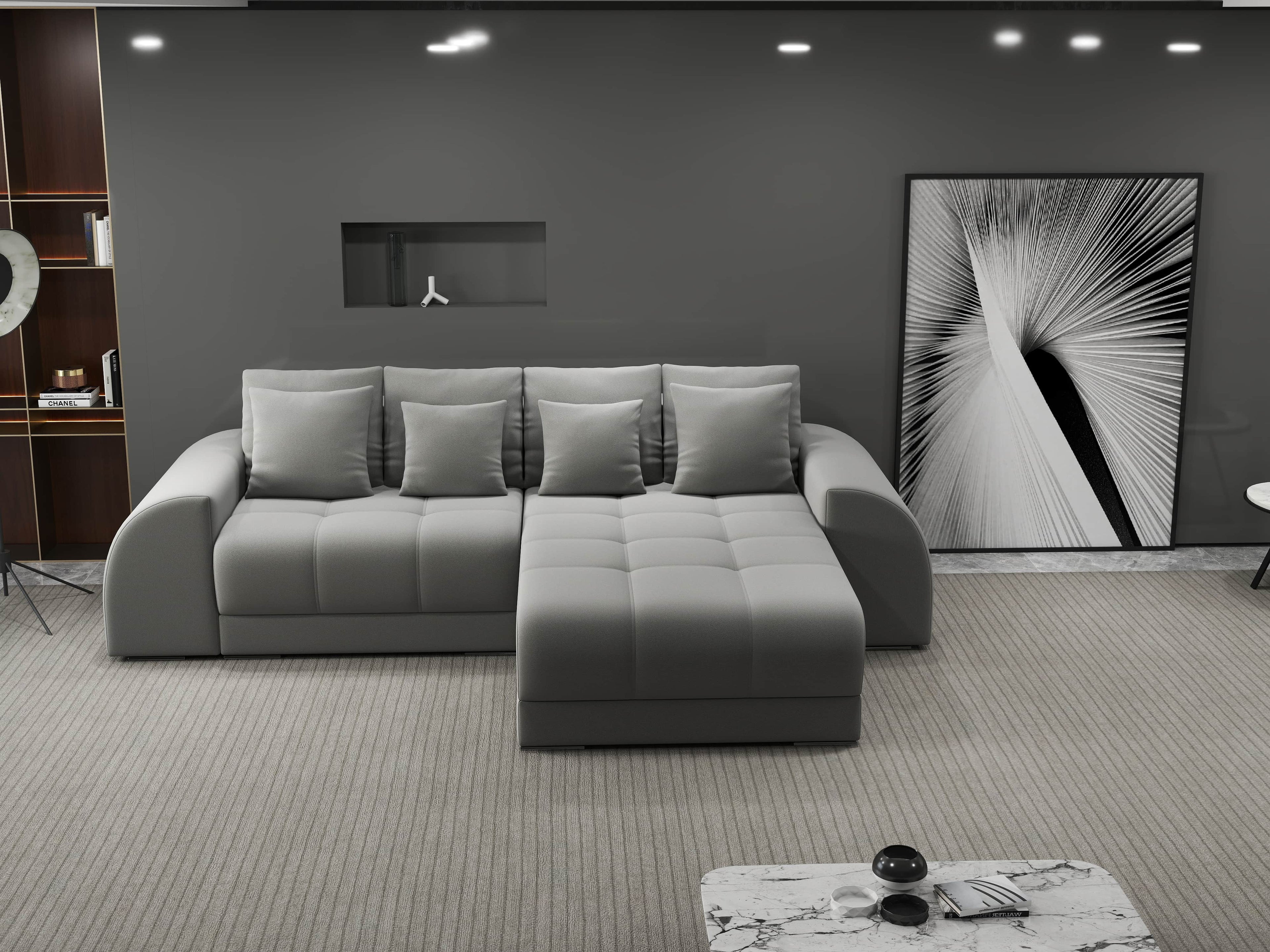 Colțar extensibil dumonde cu ladă de depozitare si sezut confortabil din spuma high-density, Verona Royal Gri II 290x185 cm