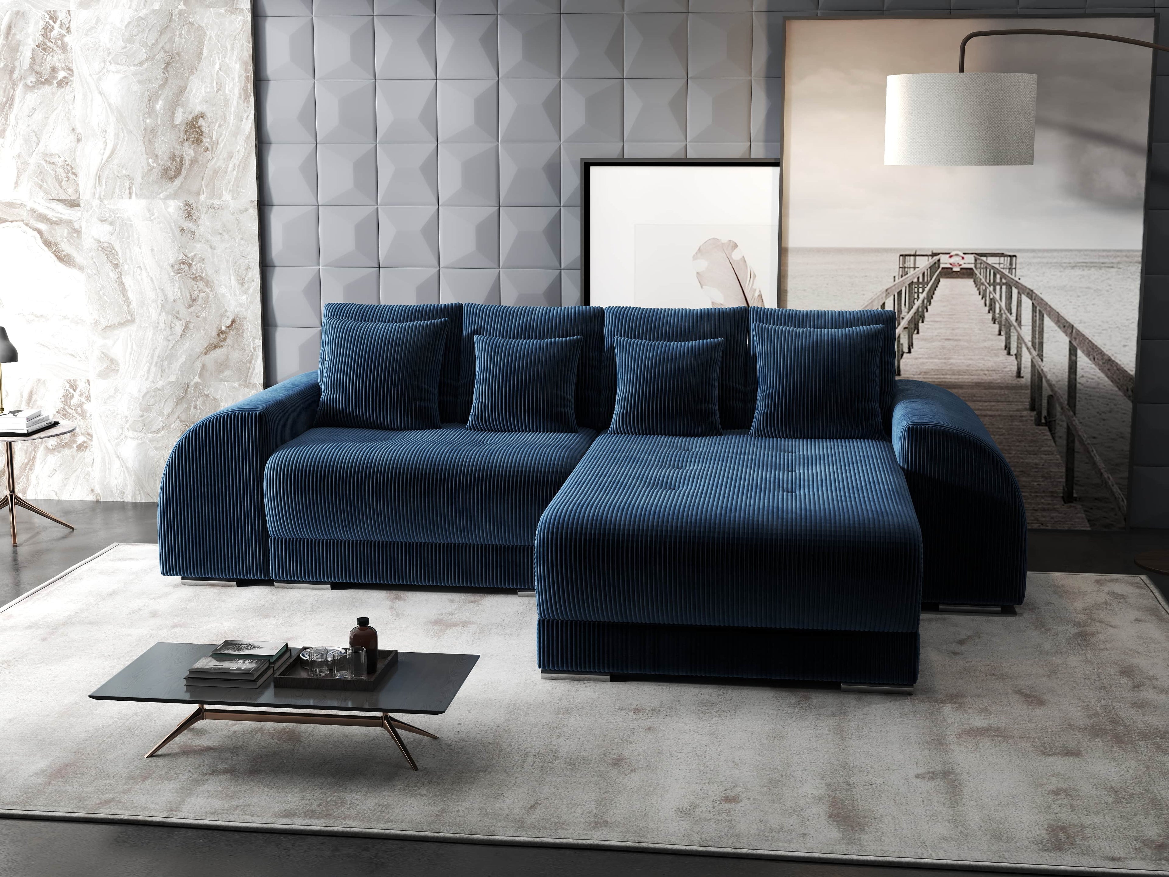 Colțar extensibil dumonde cu ladă de depozitare si sezut confortabil din spuma high-density, Verona Zoom Albastru II 290x185 cm