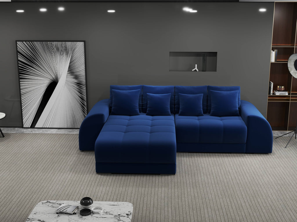 Colțar extensibil dumonde cu ladă de depozitare si sezut confortabil din spuma high-density, Verona Royal Albastru 290x185 cm