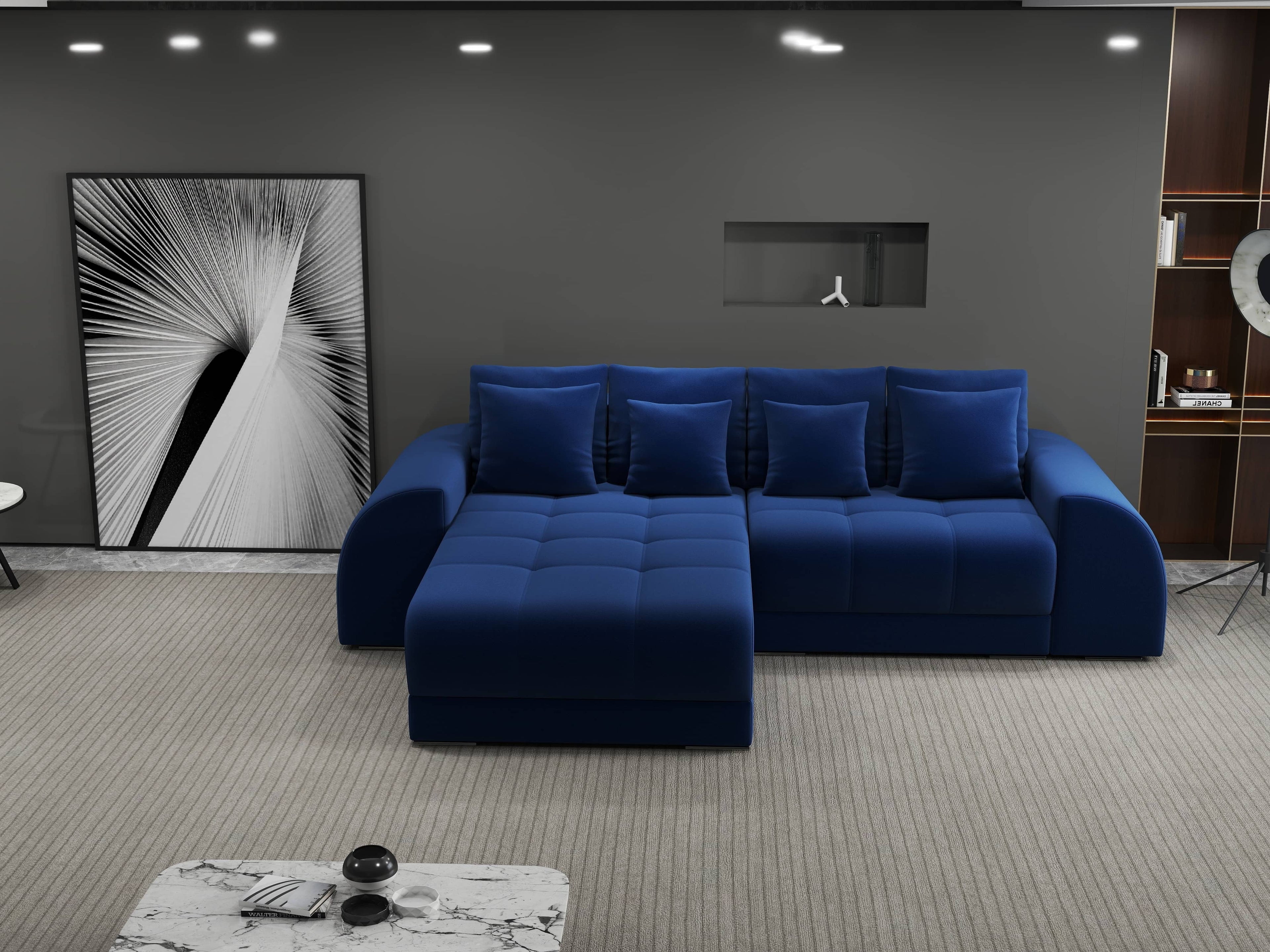 Colțar extensibil dumonde cu ladă de depozitare si sezut confortabil din spuma high-density, Verona Royal Albastru 290x185 cm