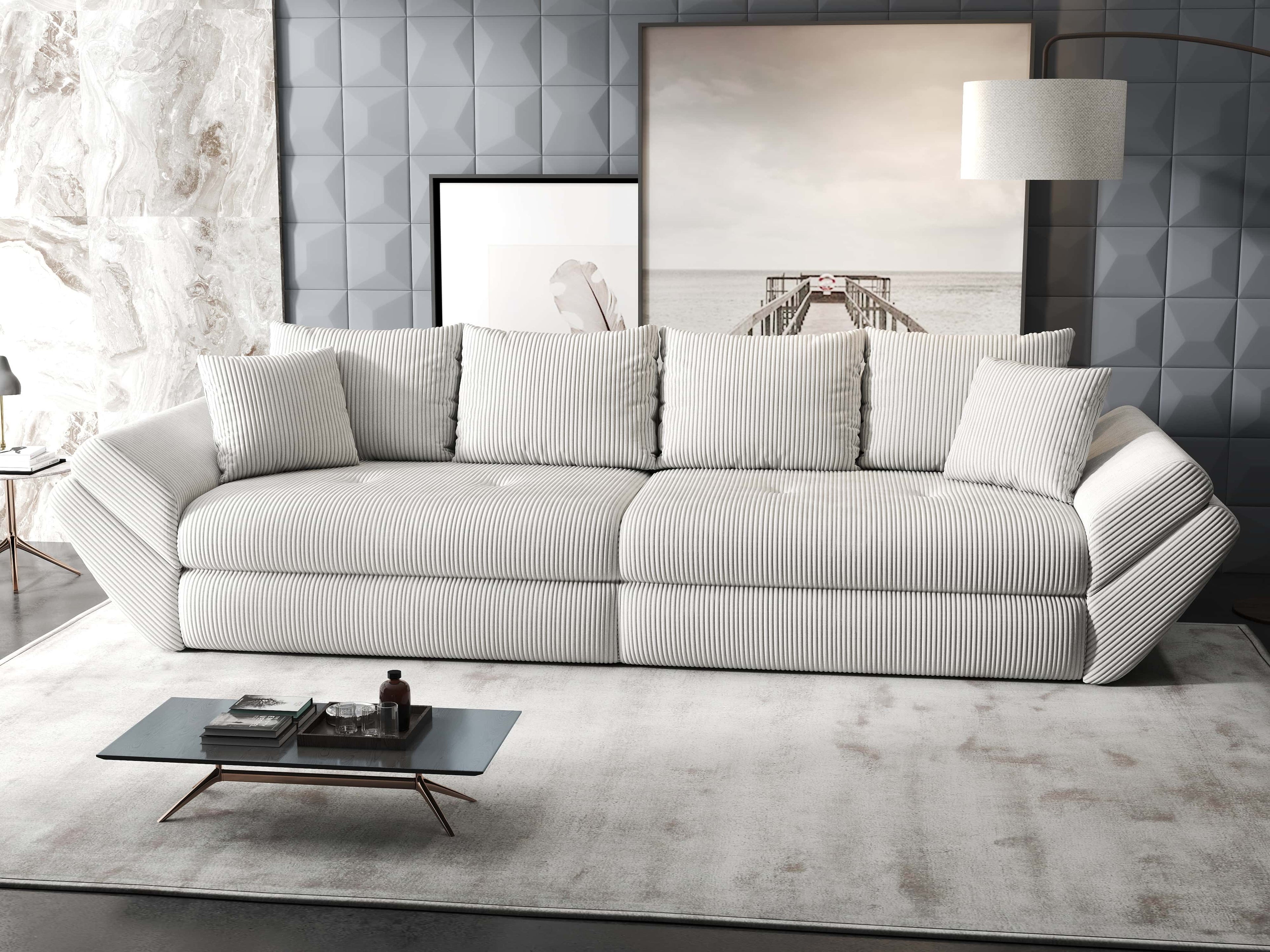 Canapea extensibilă dumonde cu ladă de depozitare si sezut confortabil din spuma high-density, Loana Zoom Cream 300x100 cm