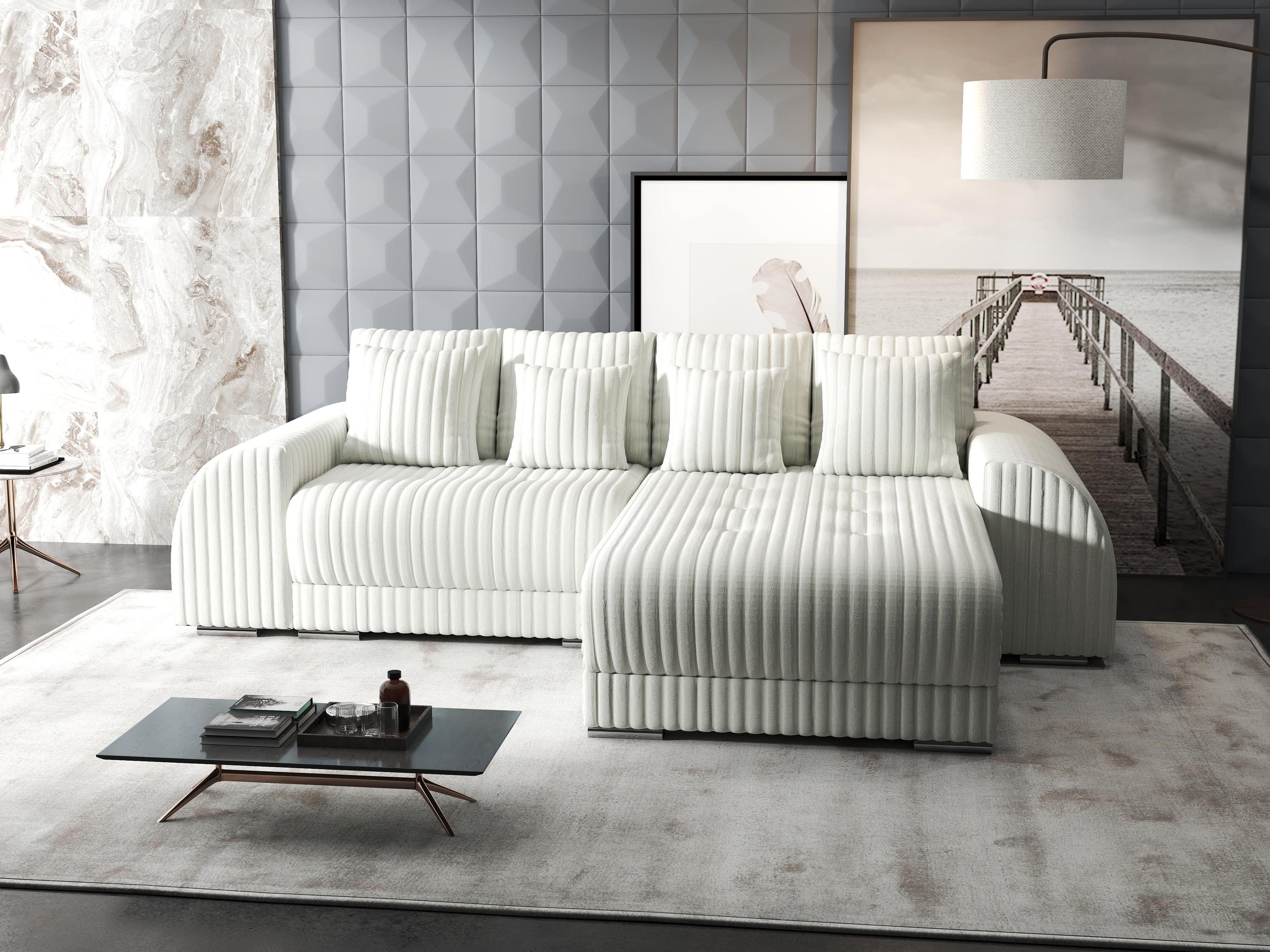 Colțar extensibil dumonde cu ladă de depozitare si sezut confortabil din spuma high-density, Verona Ambience Ivory II 290x185 cm