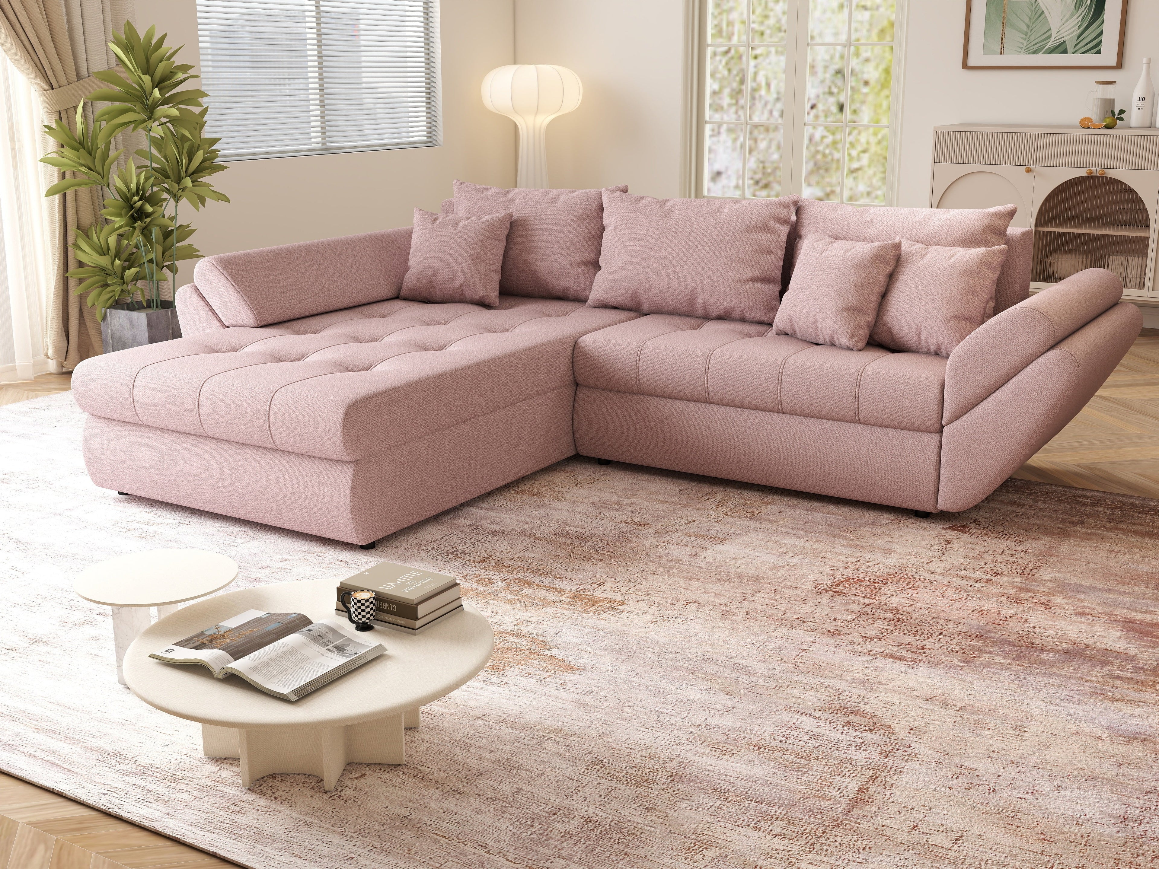 Colțar extensibil dumonde cu ladă de depozitare si sezut confortabil din spuma high-density, Loana Enjoy Flamingo 270x185 cm
