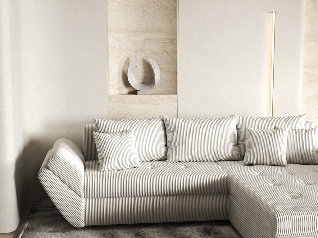 Colțar extensibil dumonde cu ladă de depozitare si sezut confortabil din spuma high-density, Loana Zoom Crem II 270x185 cm