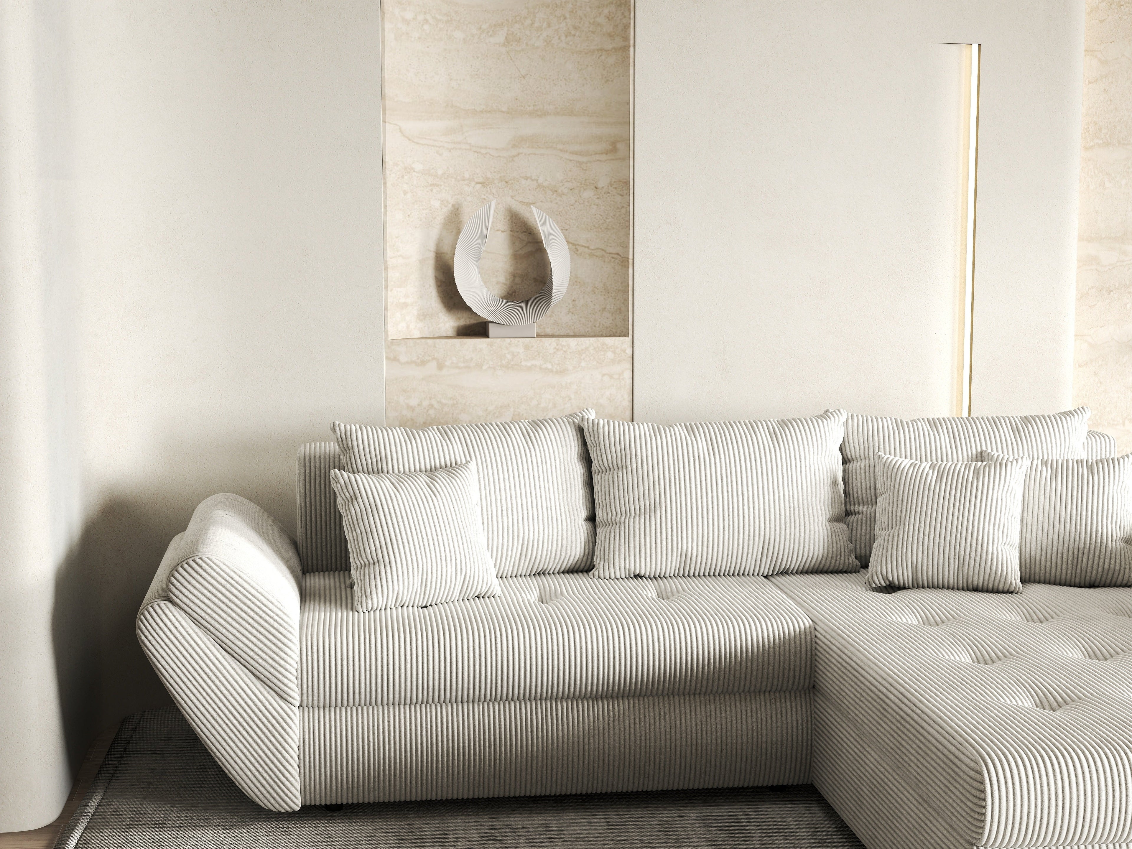 Colțar extensibil dumonde cu ladă de depozitare si sezut confortabil din spuma high-density, Loana Zoom Crem II 270x185 cm