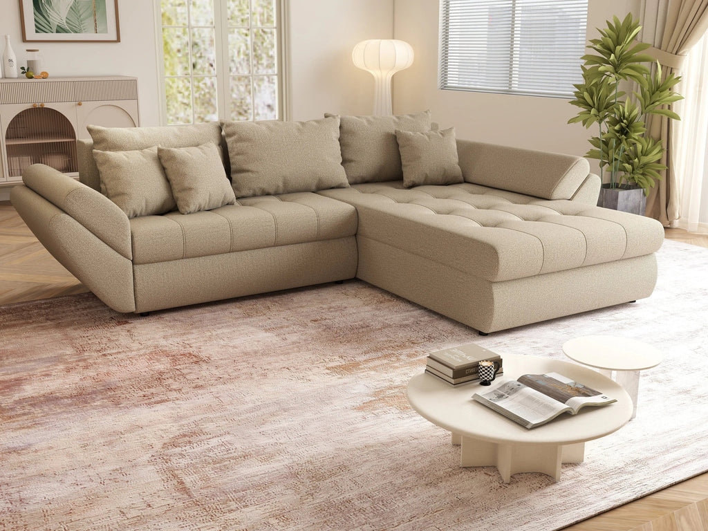 Colțar extensibil dumonde cu ladă de depozitare si sezut confortabil din spuma high-density, Loana Enjoy Camel 270x185 cm
