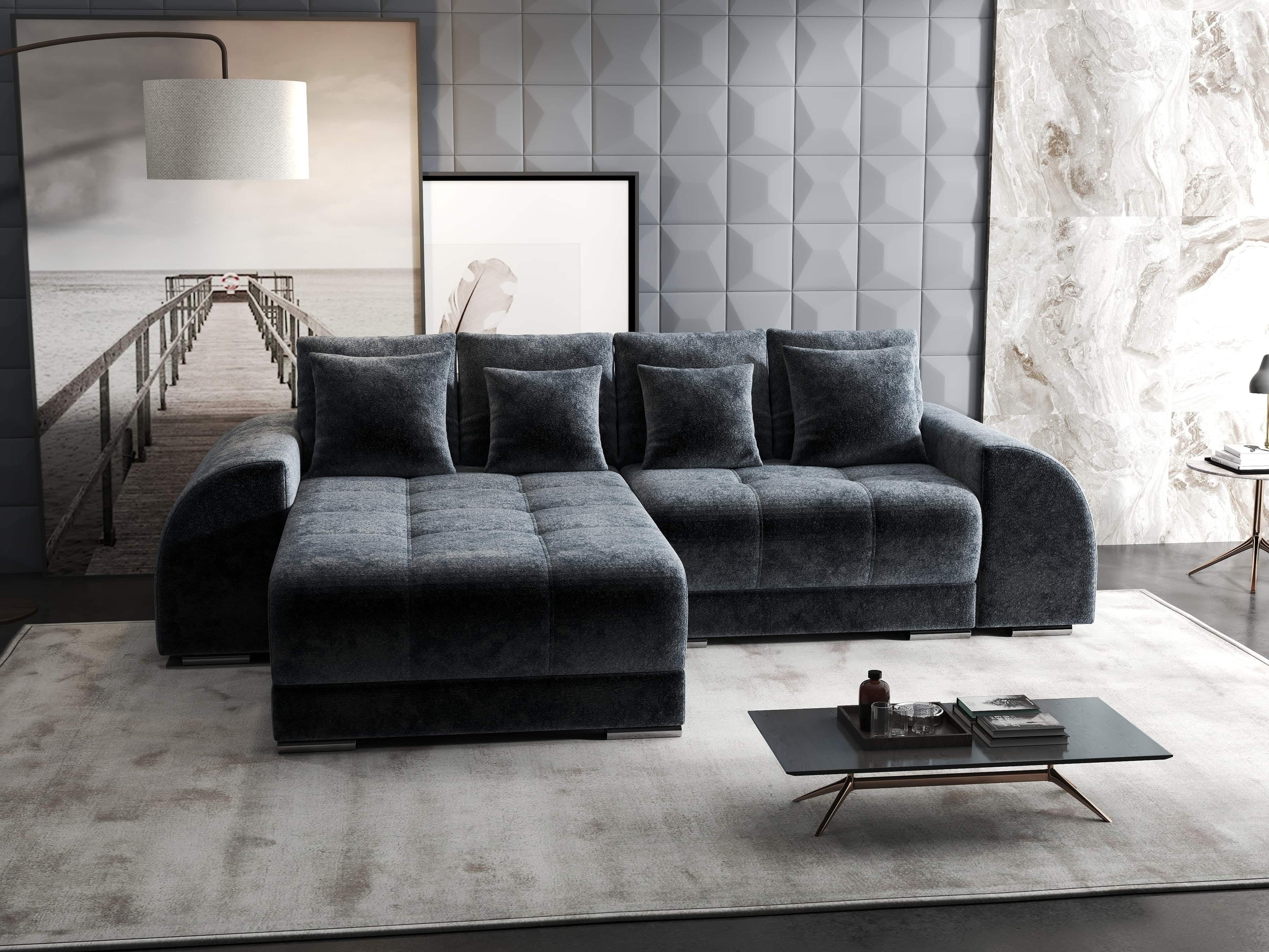 Colțar extensibil dumonde cu ladă de depozitare si sezut confortabil din spuma high-density, Verona Euphoria Grafit 290x185 cm