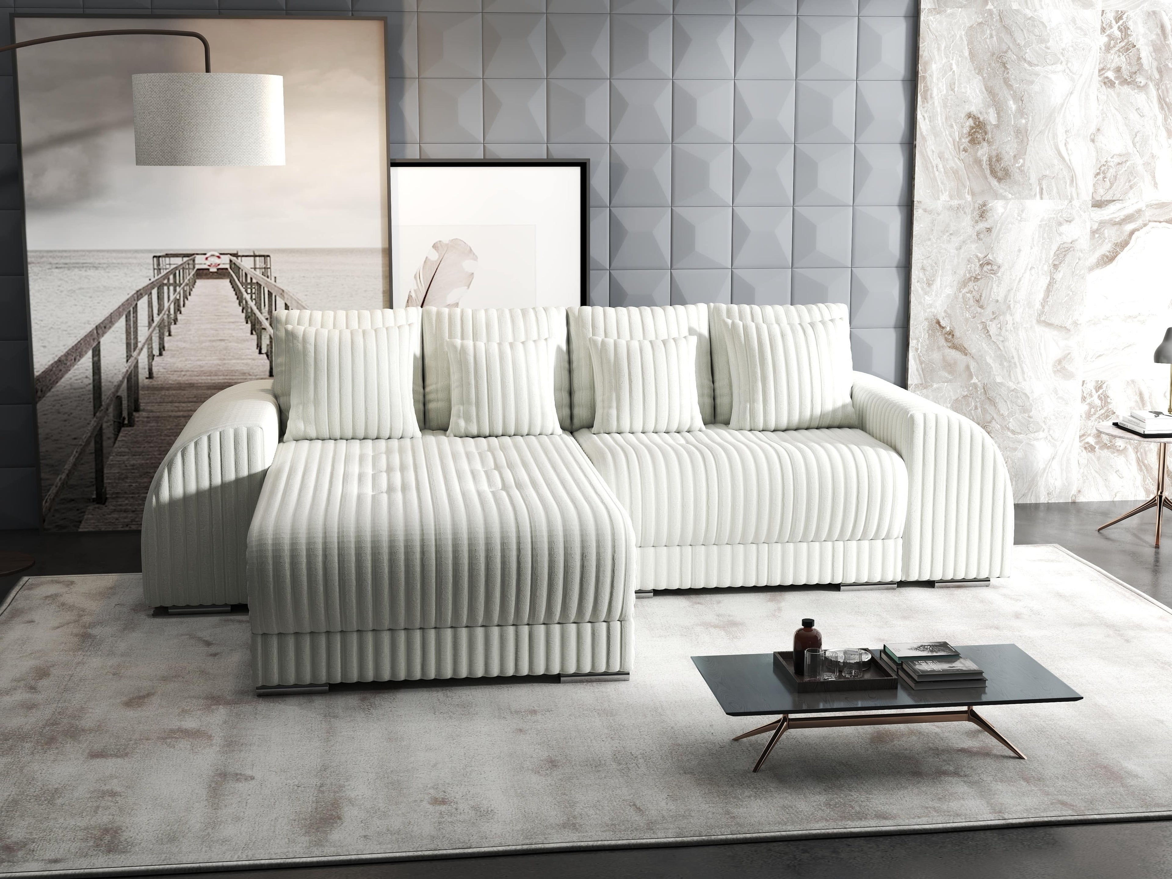 Colțar extensibil dumonde cu ladă de depozitare si sezut confortabil din spuma high-density, Verona Ambience Ivory 290x185 cm