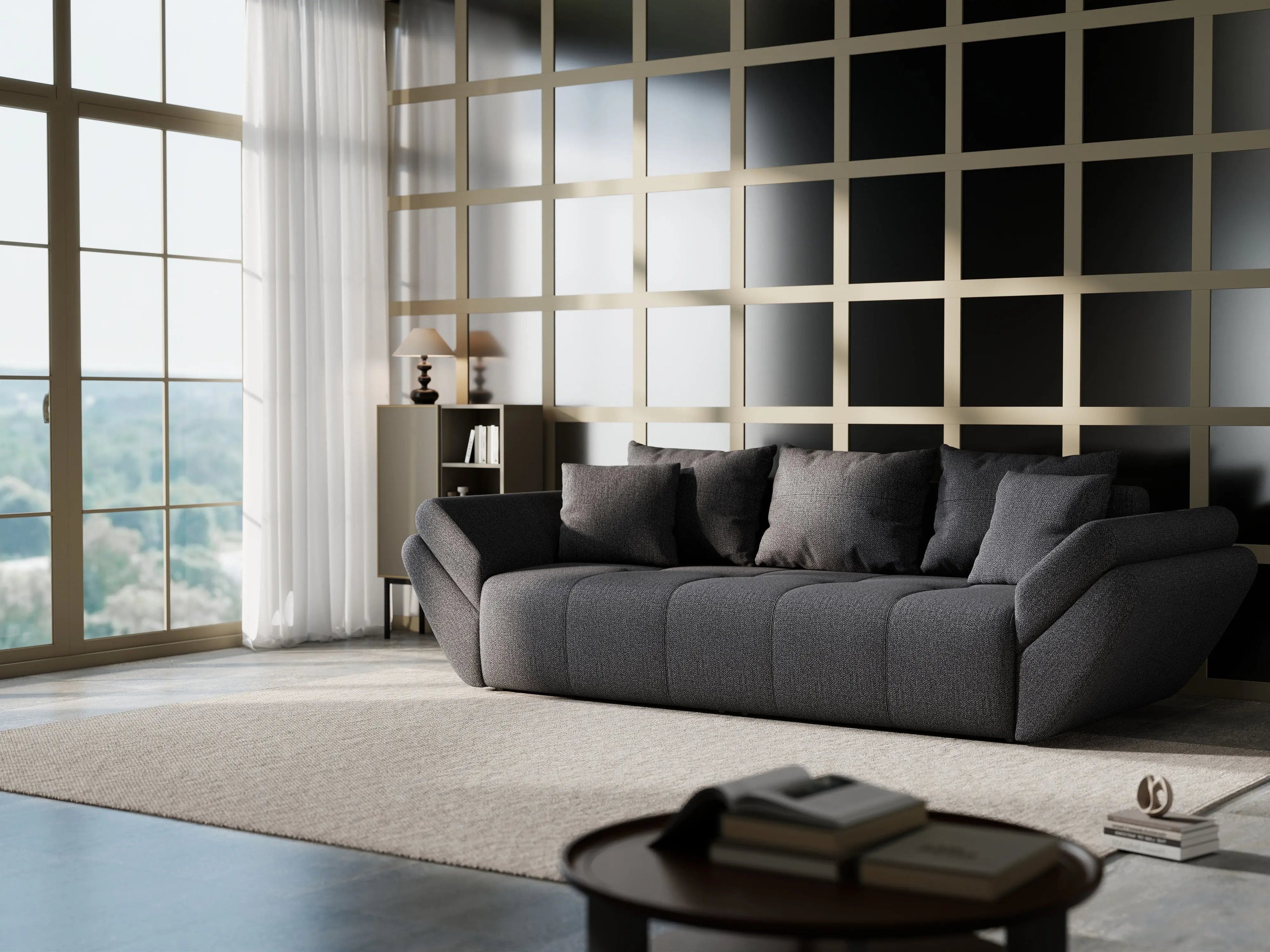 Canapea extensibilă dumonde cu ladă de depozitare si sezut confortabil din spuma high-density, Berlin Enjoy Graphite 250x100 cm