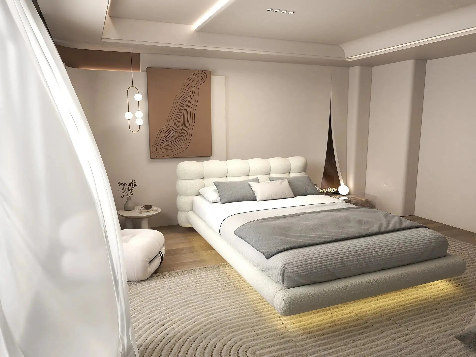 Pat dormitor dumonde, tapitat gri cu LED, "floating bed" Cloud 180x200 cm, somiera inclusa