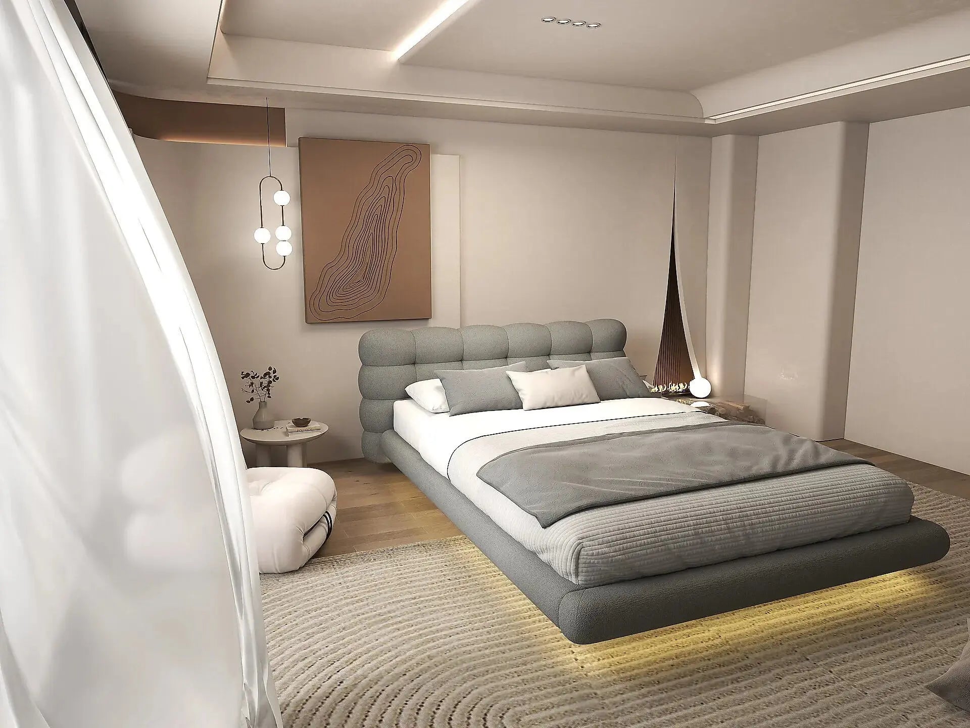 Pat dormitor dumonde, tapitat gri cu LED, "floating bed" Cloud 140x200 cm, somiera inclusa