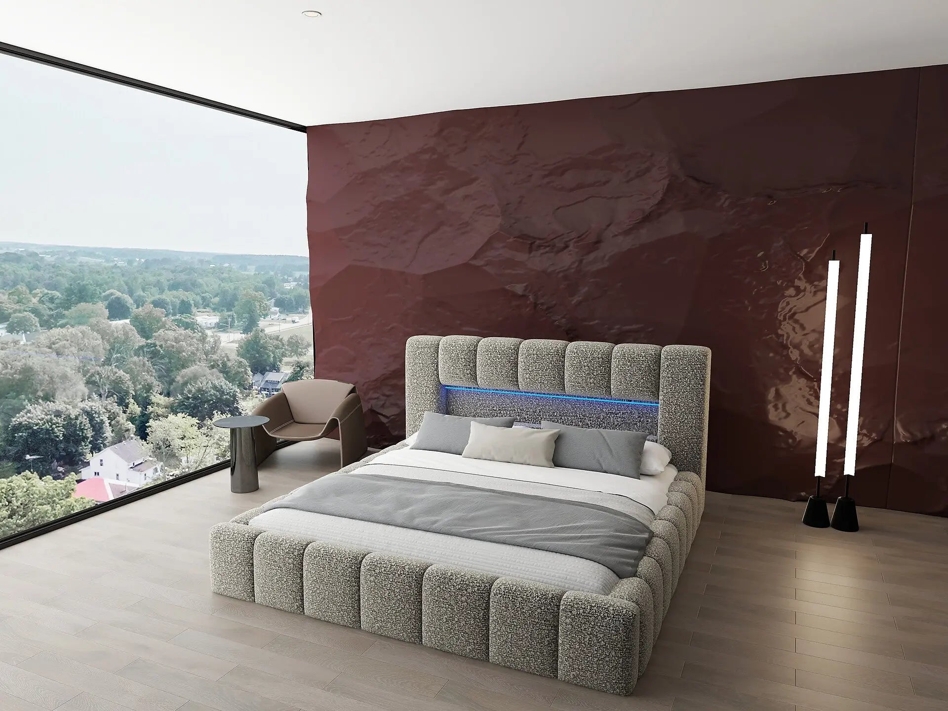 Pat dormitor dumonde, tapitat bej cu LED si USB, Palermo 160x200 cm, somiera rabatabila inclusa, spatiu depozitare