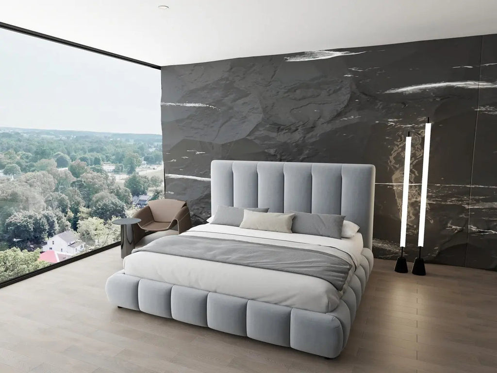 Pat dormitor dumonde, tapitat gri, Divaneo 140x200 cm, somiera rabatabila inclusa, spatiu depozitare