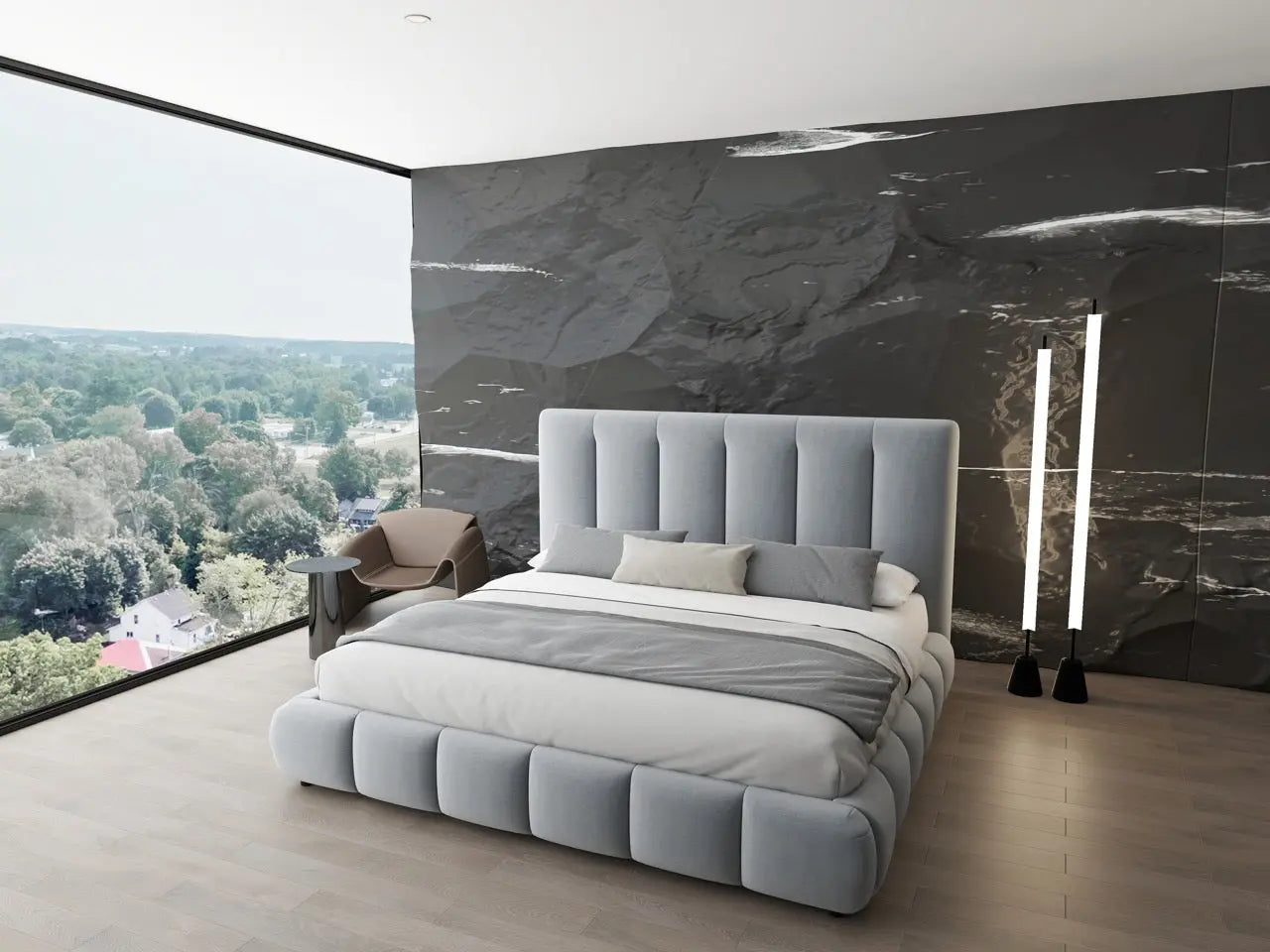 Pat dormitor dumonde, tapitat gri, Divaneo 140x200 cm, somiera rabatabila inclusa, spatiu depozitare