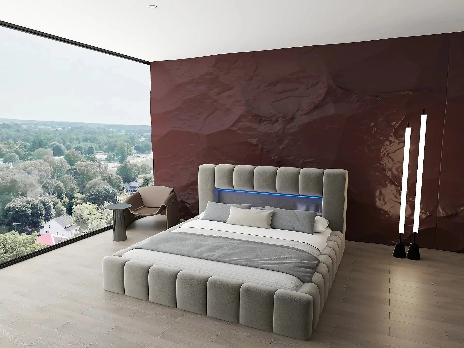 Pat dormitor dumonde, tapitat bej cu LED si USB, Palermo 140x200 cm, somiera rabatabila inclusa, spatiu depozitare