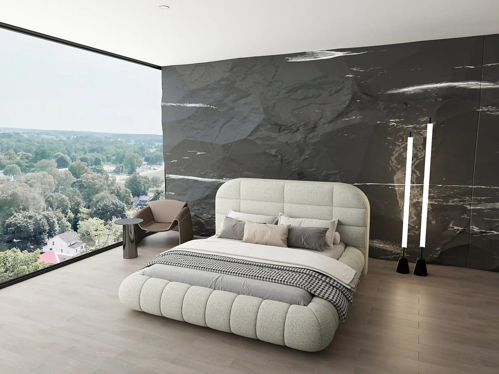 Pat dormitor dumonde, tapitat bej, Senso 180x200 cm, somiera rabatabila inclusa, spatiu depozitare