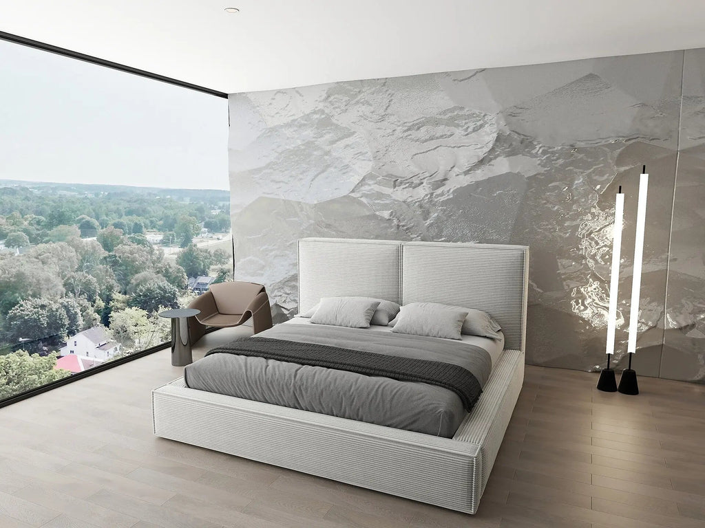 Pat dormitor dumonde, tapitat bej, Dreamer 160x200 cm, somiera rabatabila inclusa, spatiu depozitare