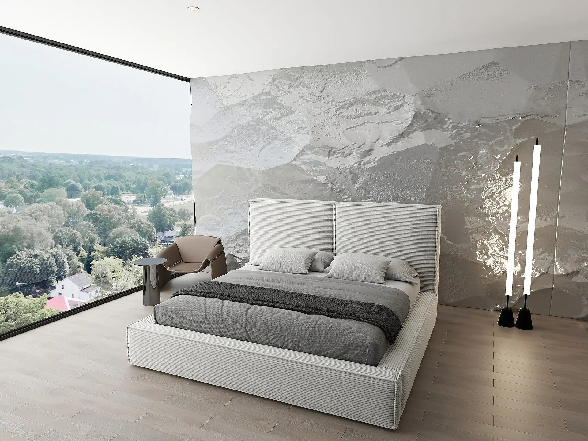 Pat dormitor dumonde, tapitat bej, Dreamer 160x200 cm, somiera rabatabila inclusa, spatiu depozitare