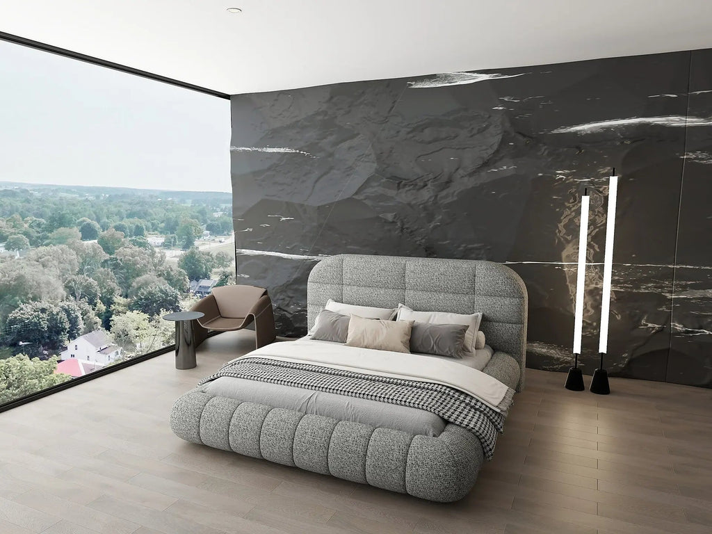 Pat dormitor dumonde, tapitat gri, Senso 180x200 cm, somiera rabatabila inclusa, spatiu depozitare